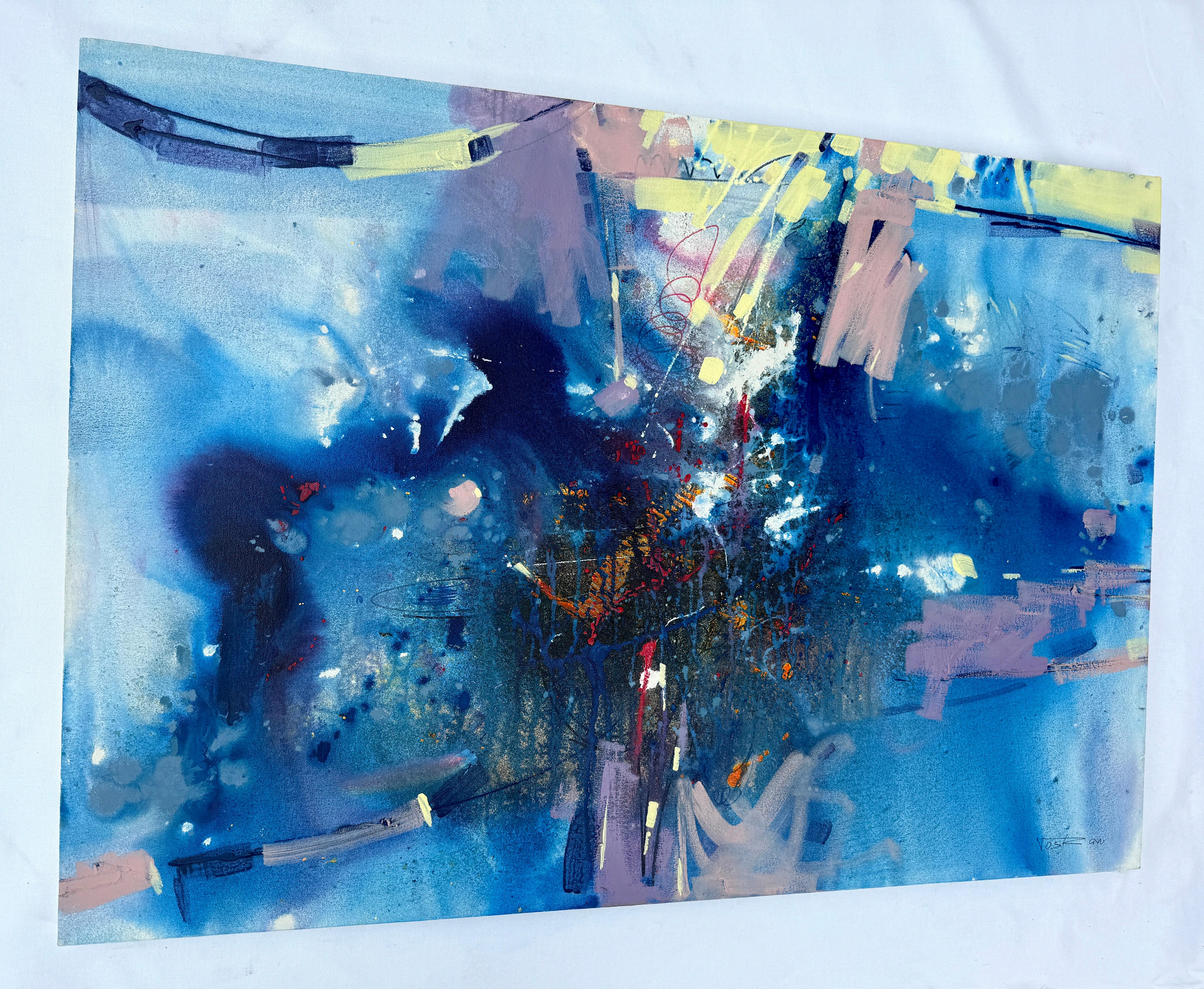 Ombre blu, Pittura astratta moderna originale, pronta da appendere - Painting Impressionismo di Voskan Galstian