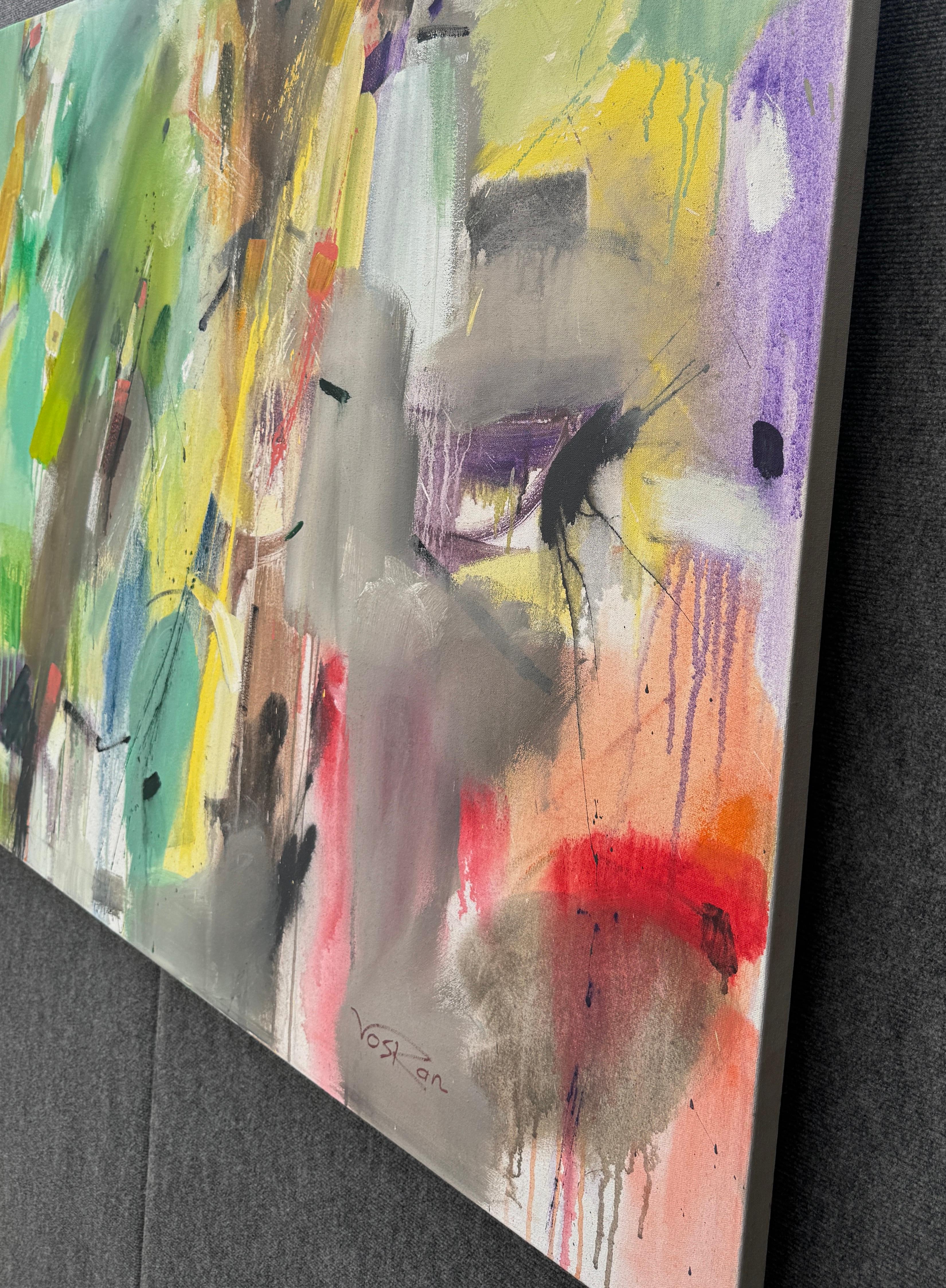 Burst, dipinto originale astratto di grandi dimensioni su tela, pronto da appendere - Abstract Painting Marrone di Voskan Galstian