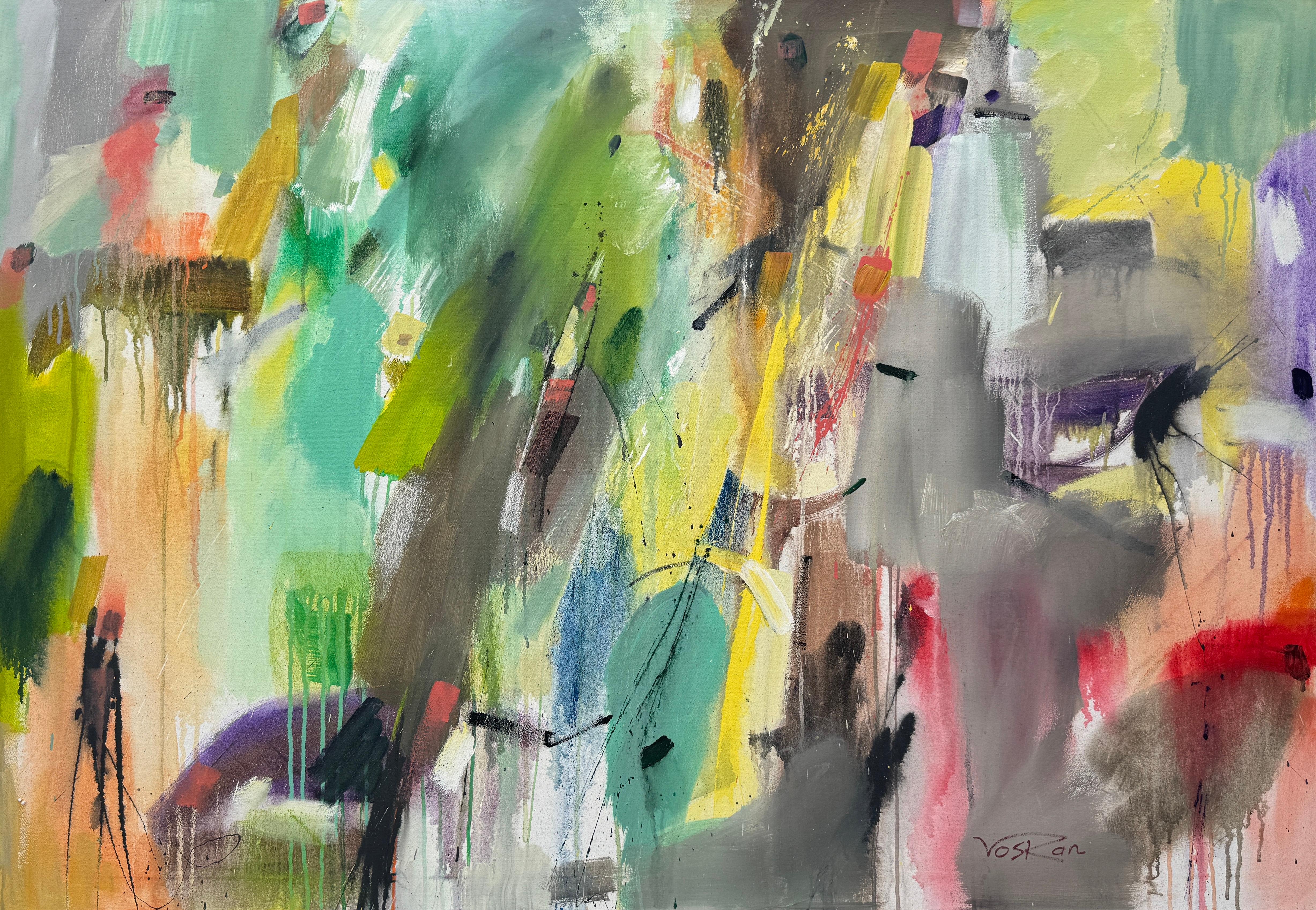 Abstract Painting di Voskan Galstian - Burst, dipinto originale astratto di grandi dimensioni su tela, pronto da appendere