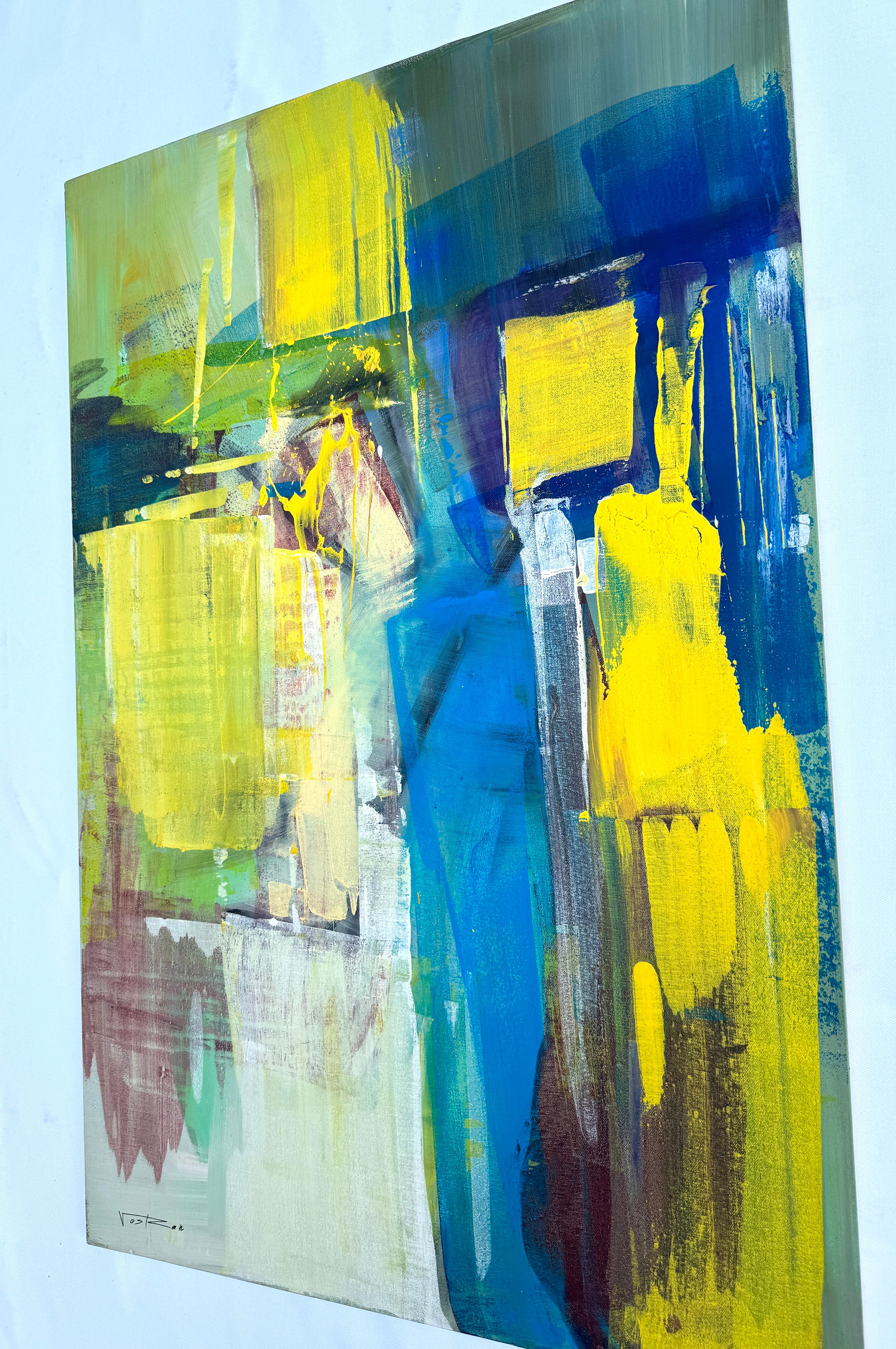 Alla deriva verso nord, quadro originale d'arte astratta, pronto da appendere - Abstract Painting Verde di Voskan Galstian
