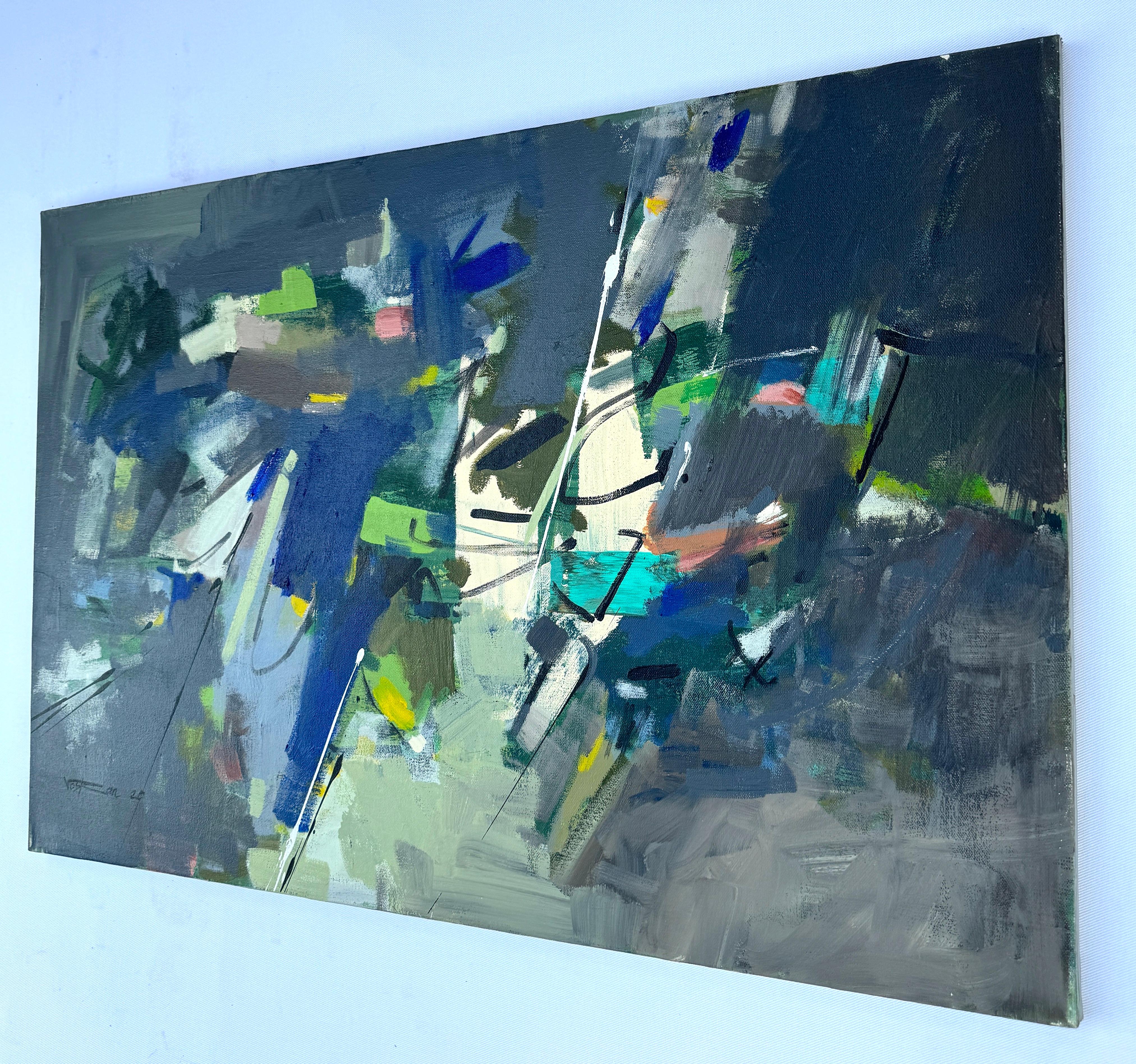 Lontano da una distanza, Quadro astratto moderno originale, pronto da appendere - Abstract Painting Blu di Voskan Galstian