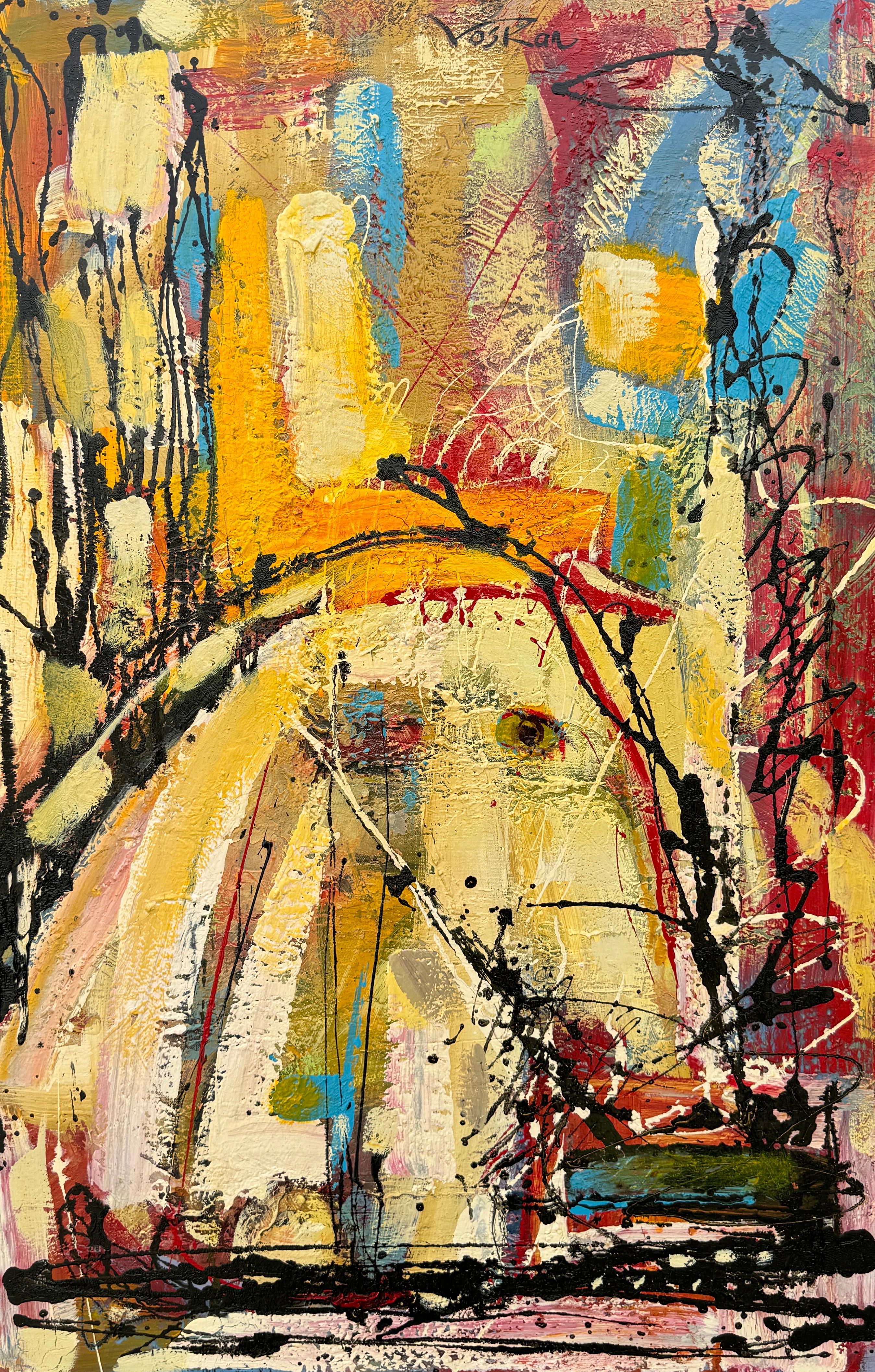 Abstract Painting di Voskan Galstian - Cavallo d'oro, quadro astratto contemporaneo su tela, pronto da appendere