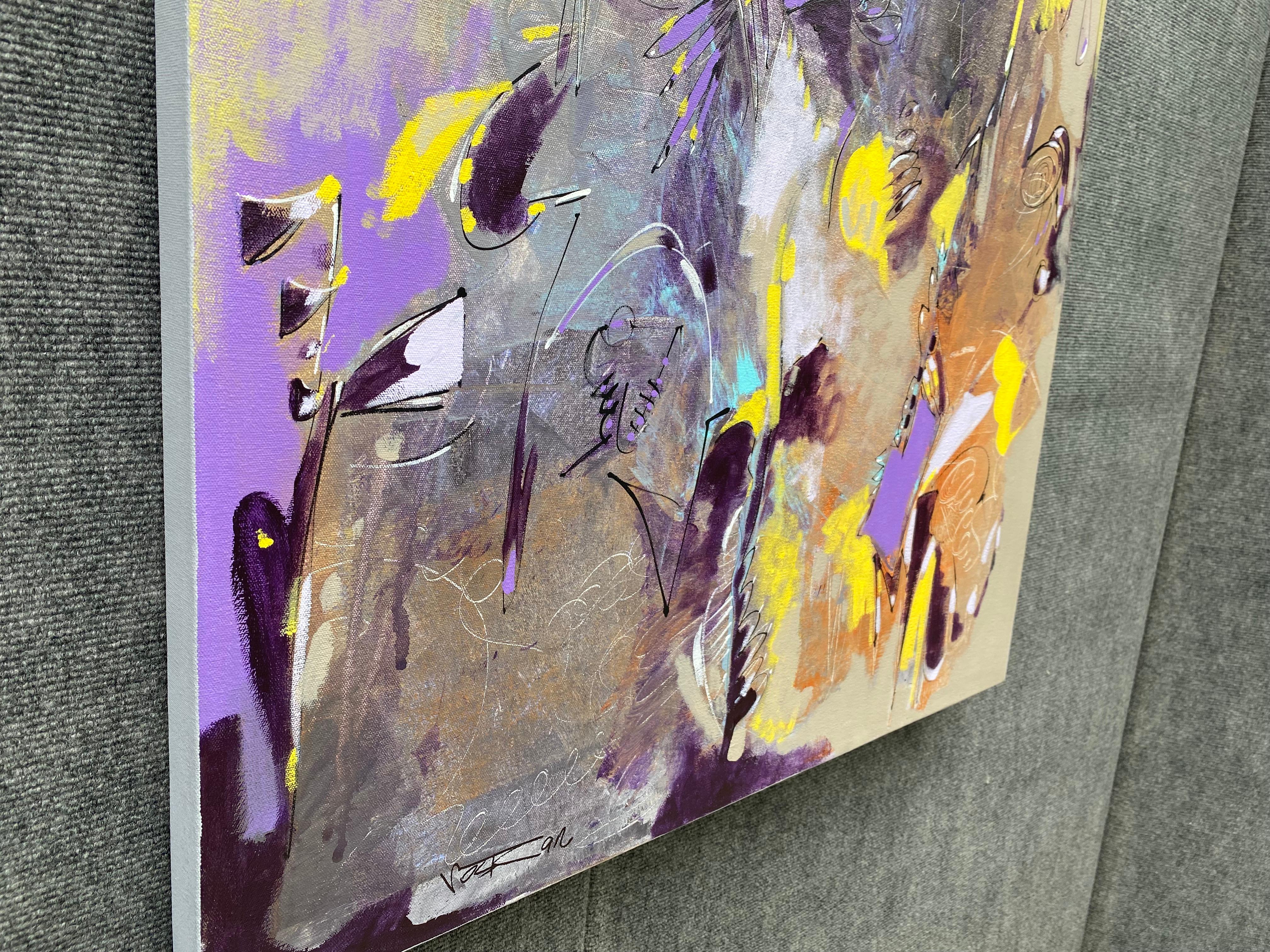 Lavender in Abstract, Original Acrylic Painting, Ready to Hang - Gray Abstract Painting by Voskan Galstian