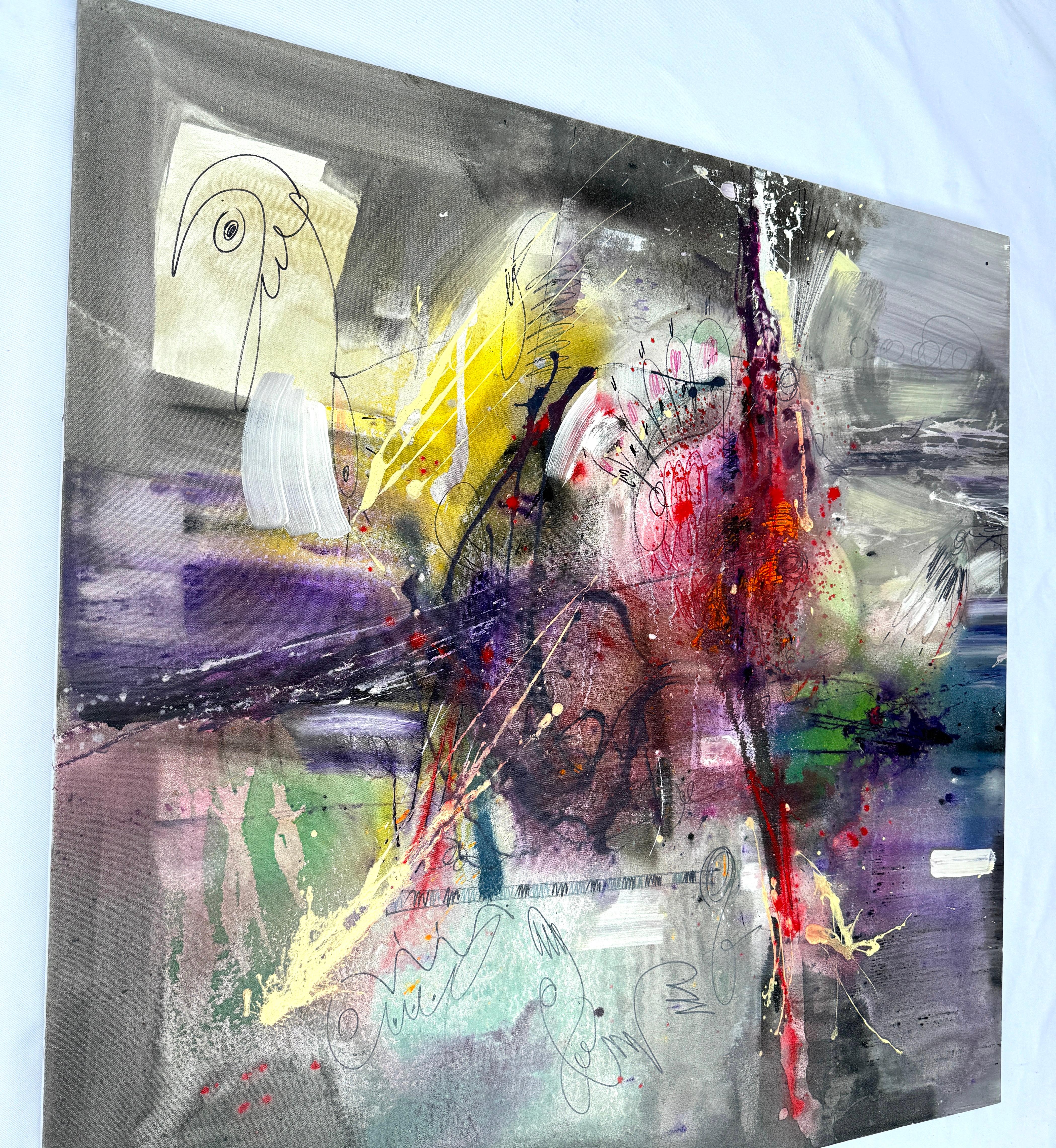 Danza del mattino, Quadro originale astratto di grandi dimensioni, pronto da appendere - Abstract Painting Grigio di Voskan Galstian