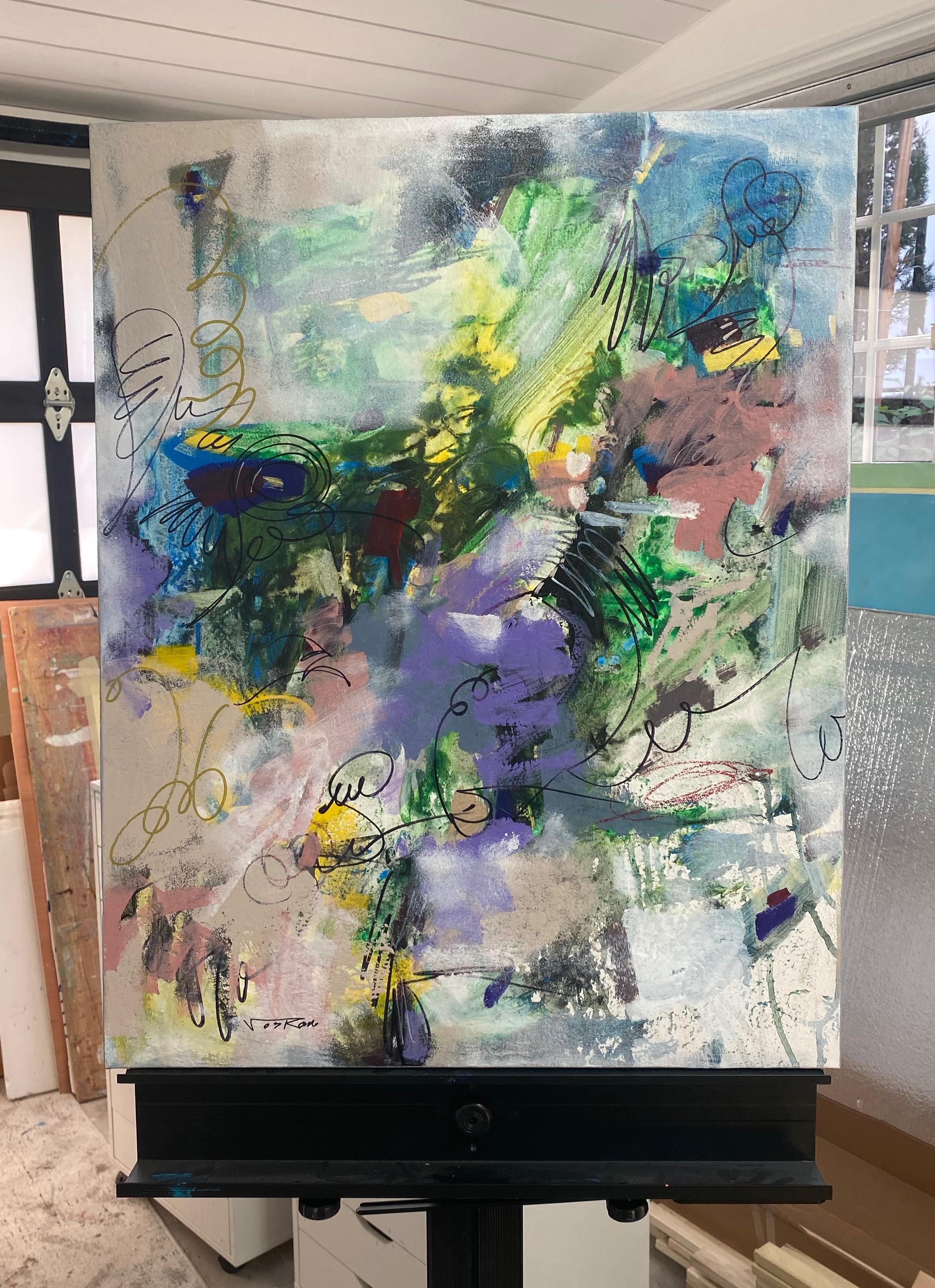 Movimento, Arte astratta moderna, Quadro originale, Pronto da appendere - Abstract Painting Grigio di Voskan Galstian