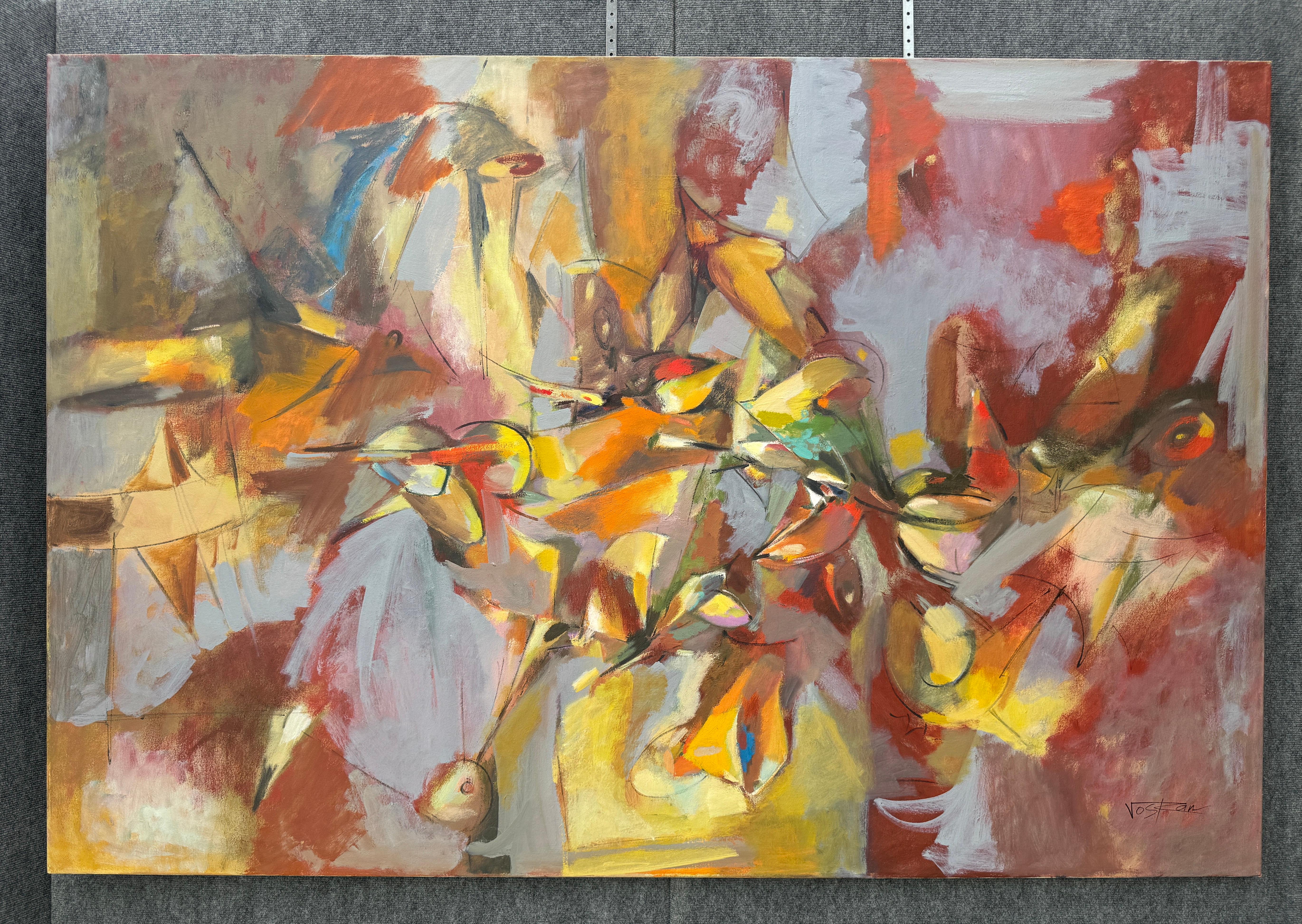 Moving Through 2, Quadro originale astratto di grandi dimensioni su tela, pronto da appendere - Abstract Painting Marrone di Voskan Galstian