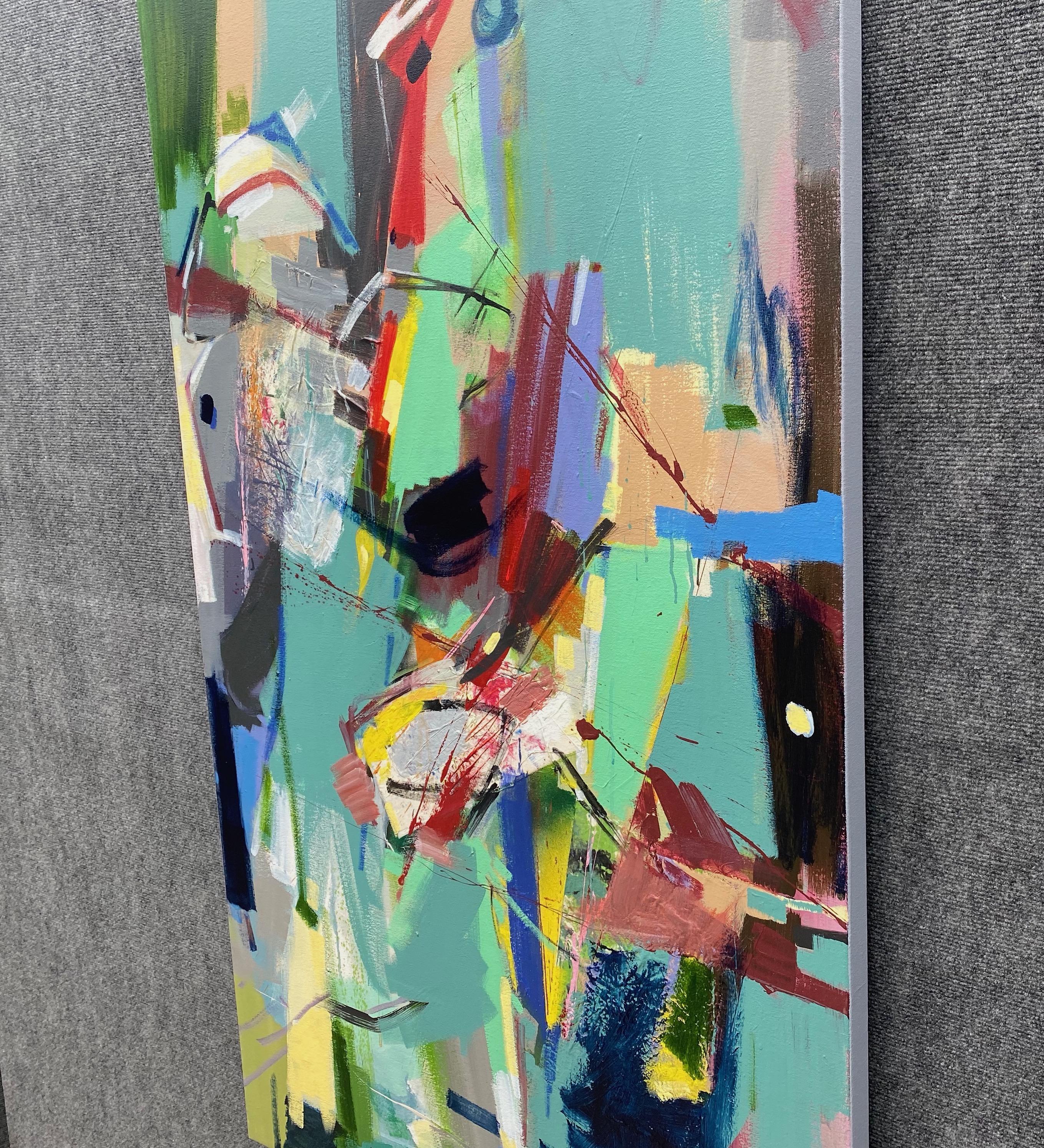 Festa in piscina, quadro acrilico originale d'arte astratta, pronto da appendere - Abstract Painting Grigio di Voskan Galstian