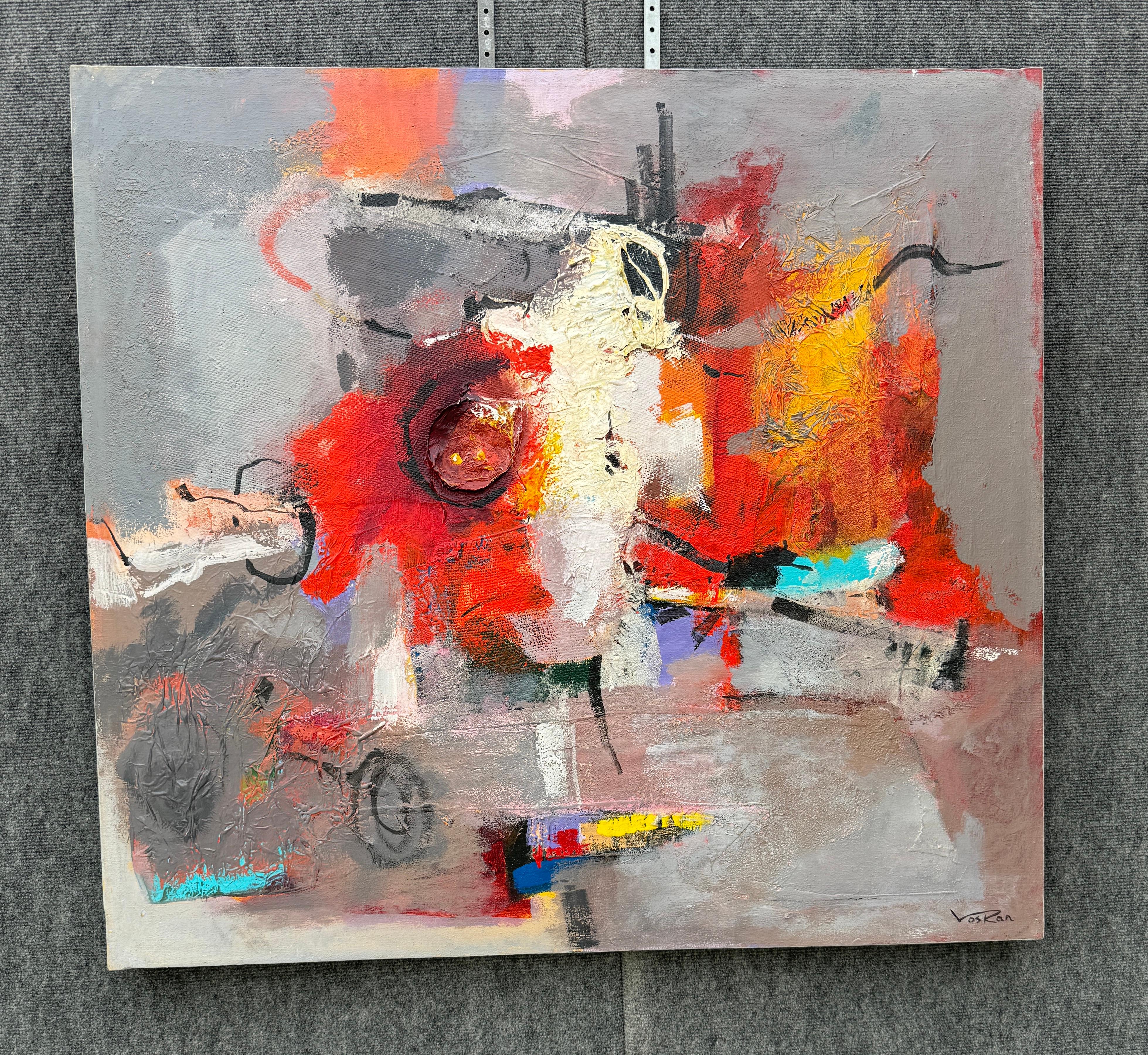 Red White Gray, Quadro astratto contemporaneo su tela, pronto da appendere - Painting di Voskan Galstian