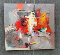 Red White Gray, Quadro astratto contemporaneo su tela, pronto da appendere