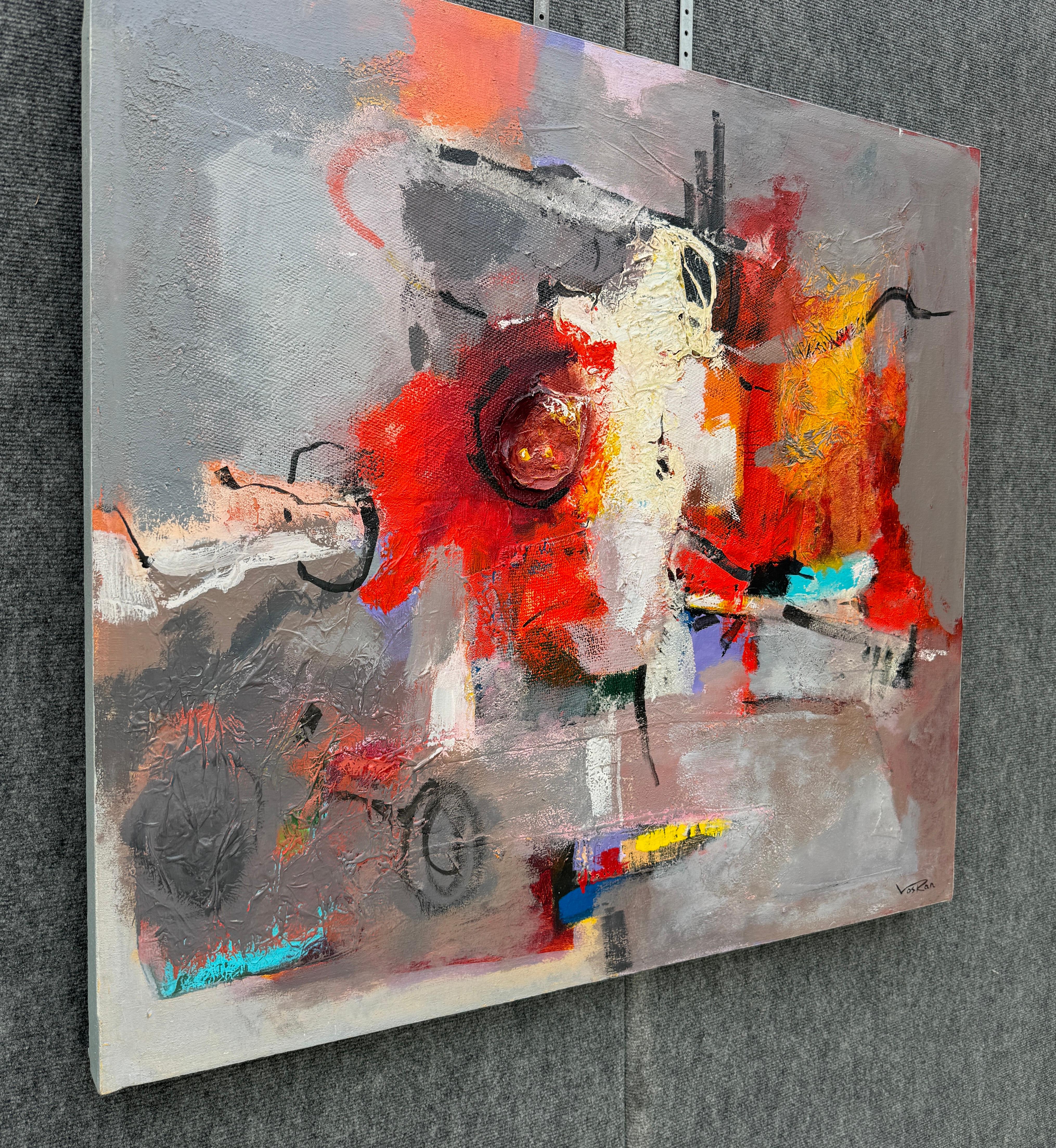 Red White Gray, Quadro astratto contemporaneo su tela, pronto da appendere - Painting Impressionismo di Voskan Galstian