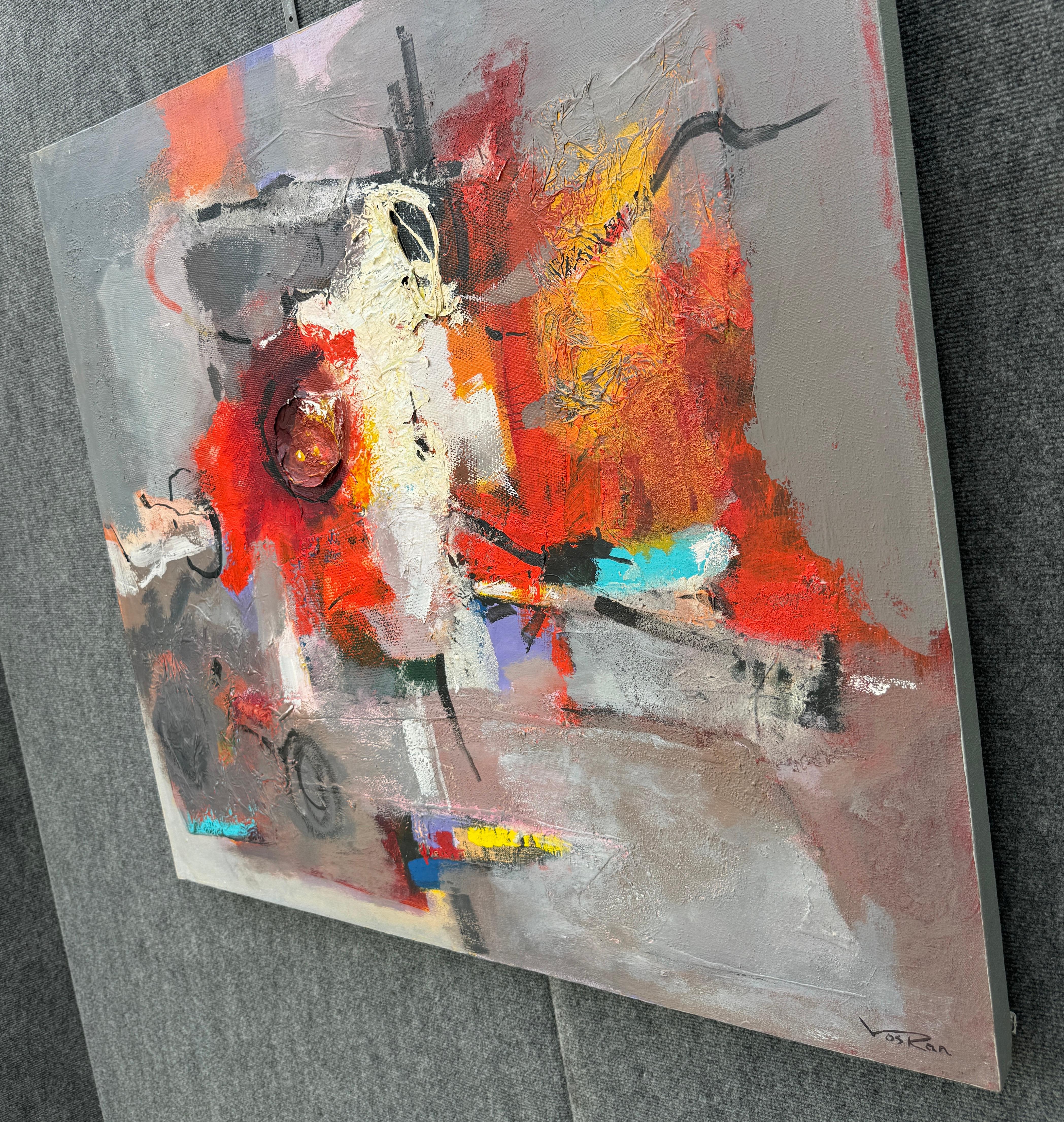 Red White Gray, Quadro astratto contemporaneo su tela, pronto da appendere - Abstract Painting Marrone di Voskan Galstian