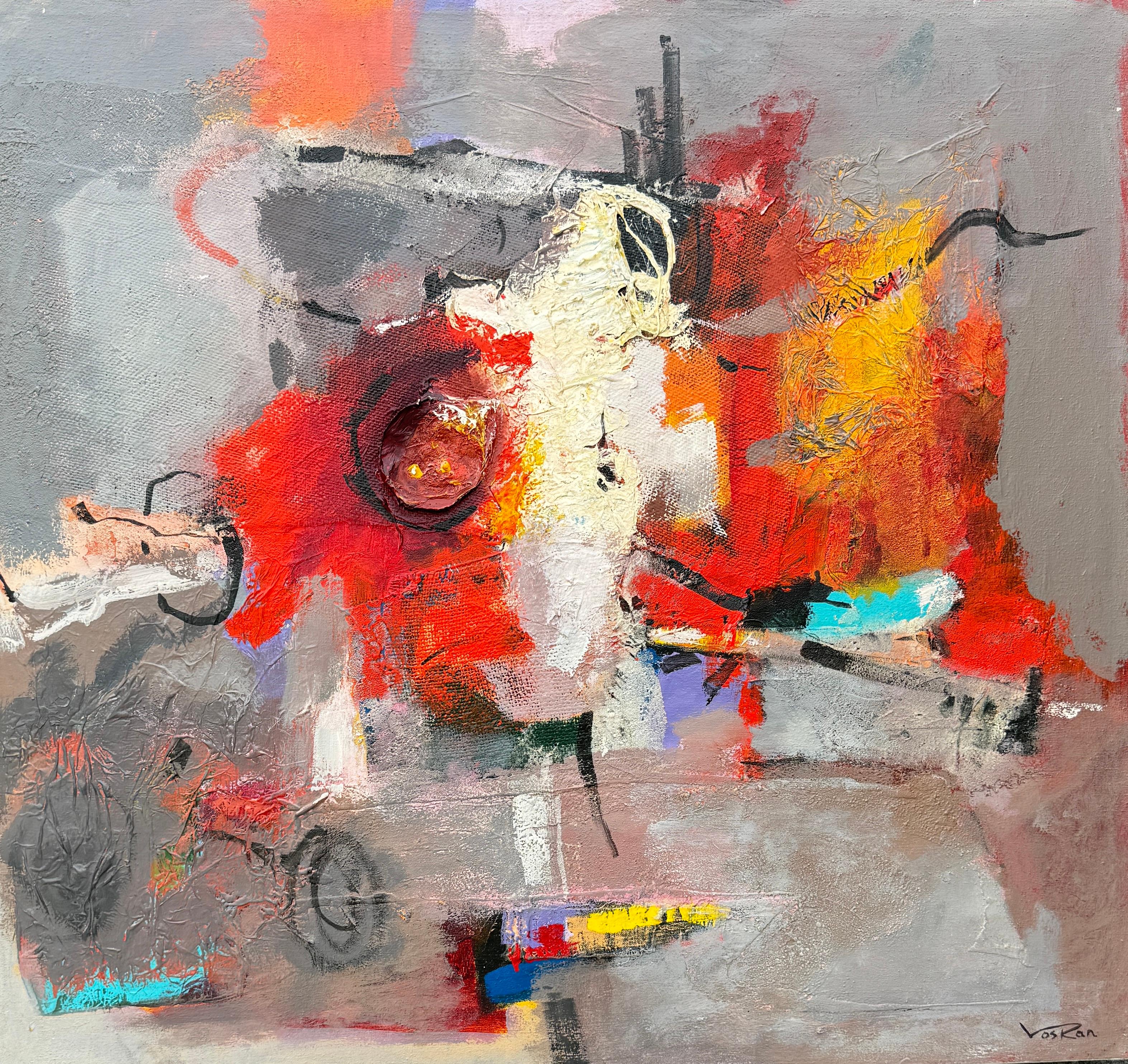 Abstract Painting di Voskan Galstian - Red White Gray, Quadro astratto contemporaneo su tela, pronto da appendere