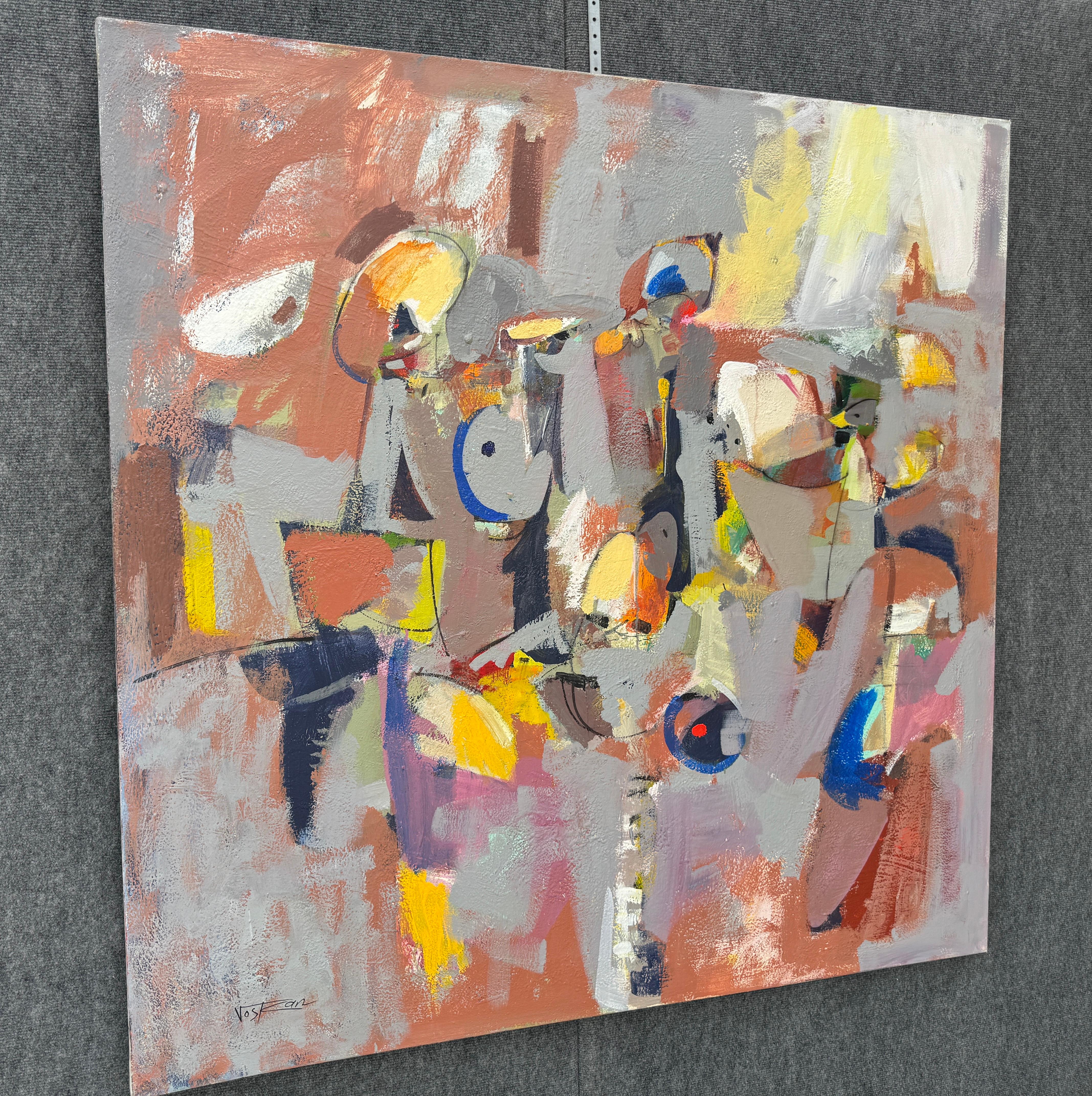 Toccare il bordo, quadro astratto originale su tela, pronto da appendere - Abstract Painting Marrone di Voskan Galstian