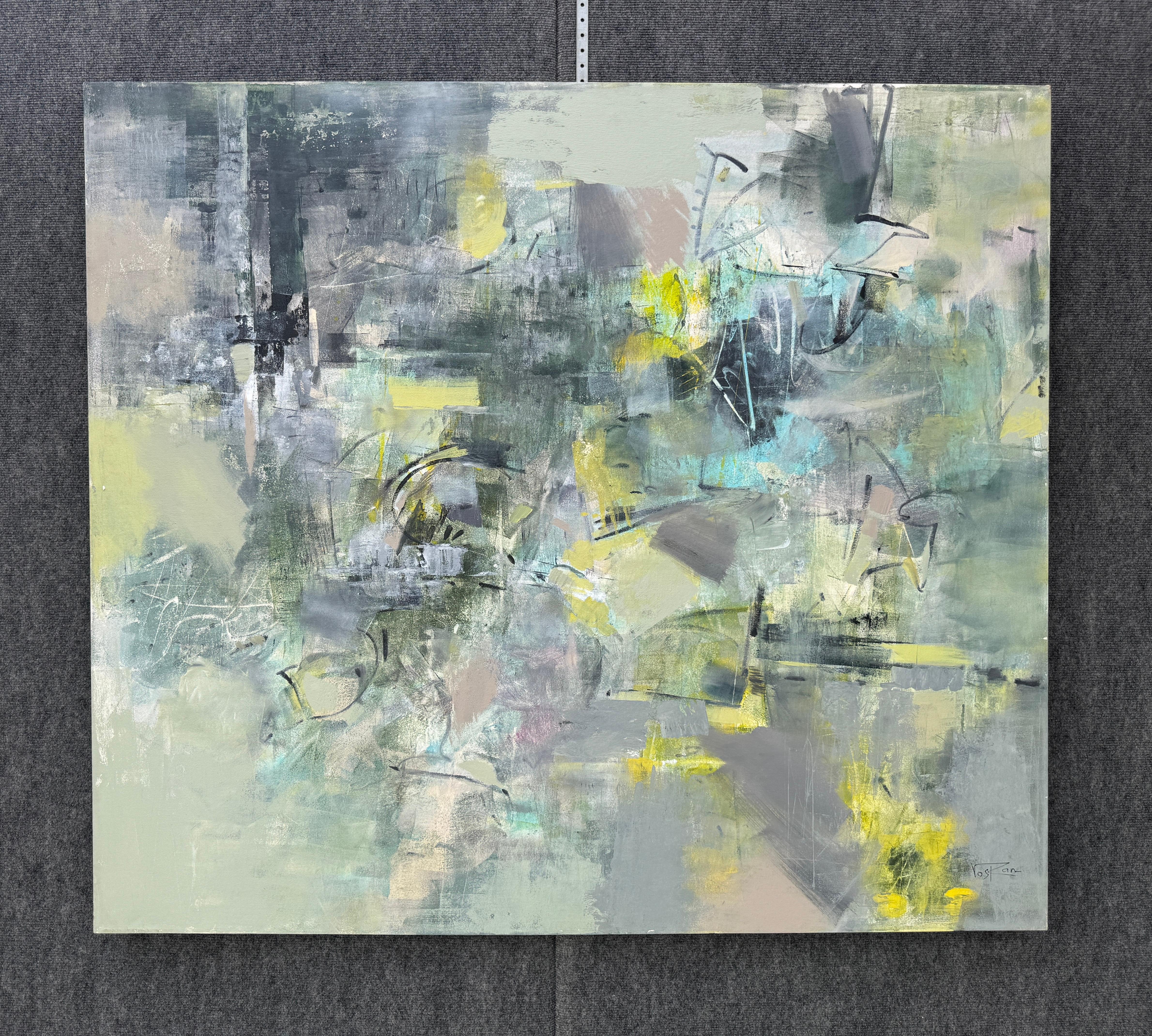 Trying to Rain, Abstract Original Painting on Canvas, Ready to Hang - Gray Abstract Painting by Voskan Galstian