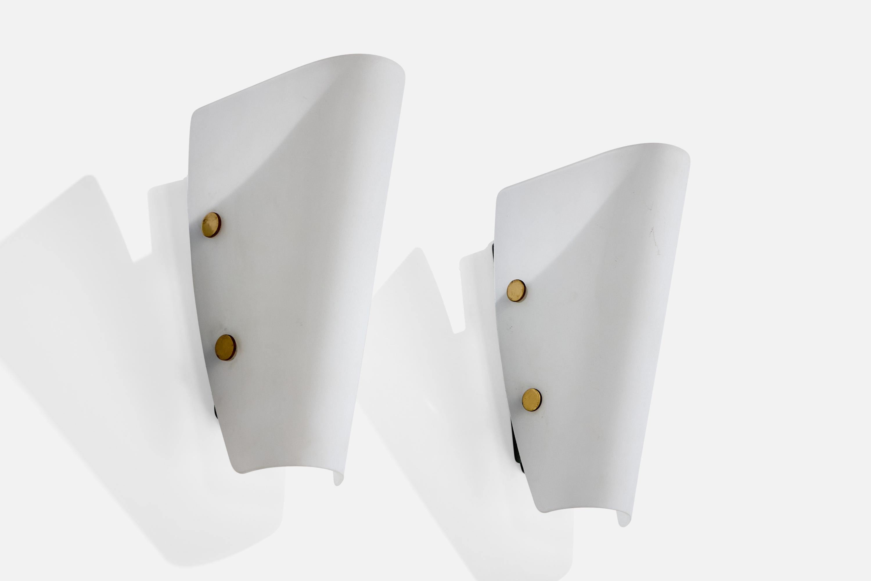 A pair of brass and white opaline glass wall lights produced by Vossloh-Schwabe, Germany, c. 1990s.

Overall Dimensions (Inches): 12.0