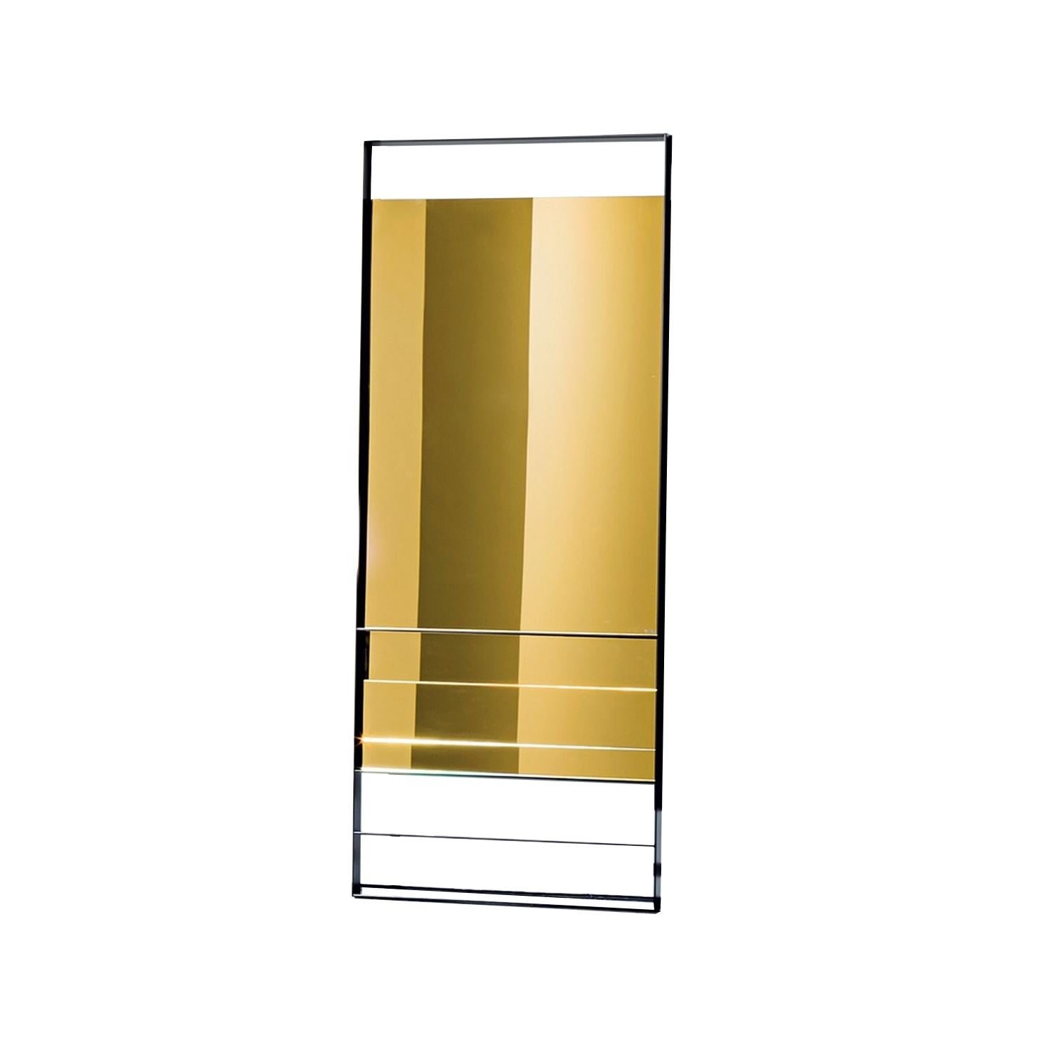 Floor or horizontal / vertical hanging rectangular mirror with lacquered metal frame in burnished brass finish. 
--
Made in Italy
Designed by Lievore Altherr Molina