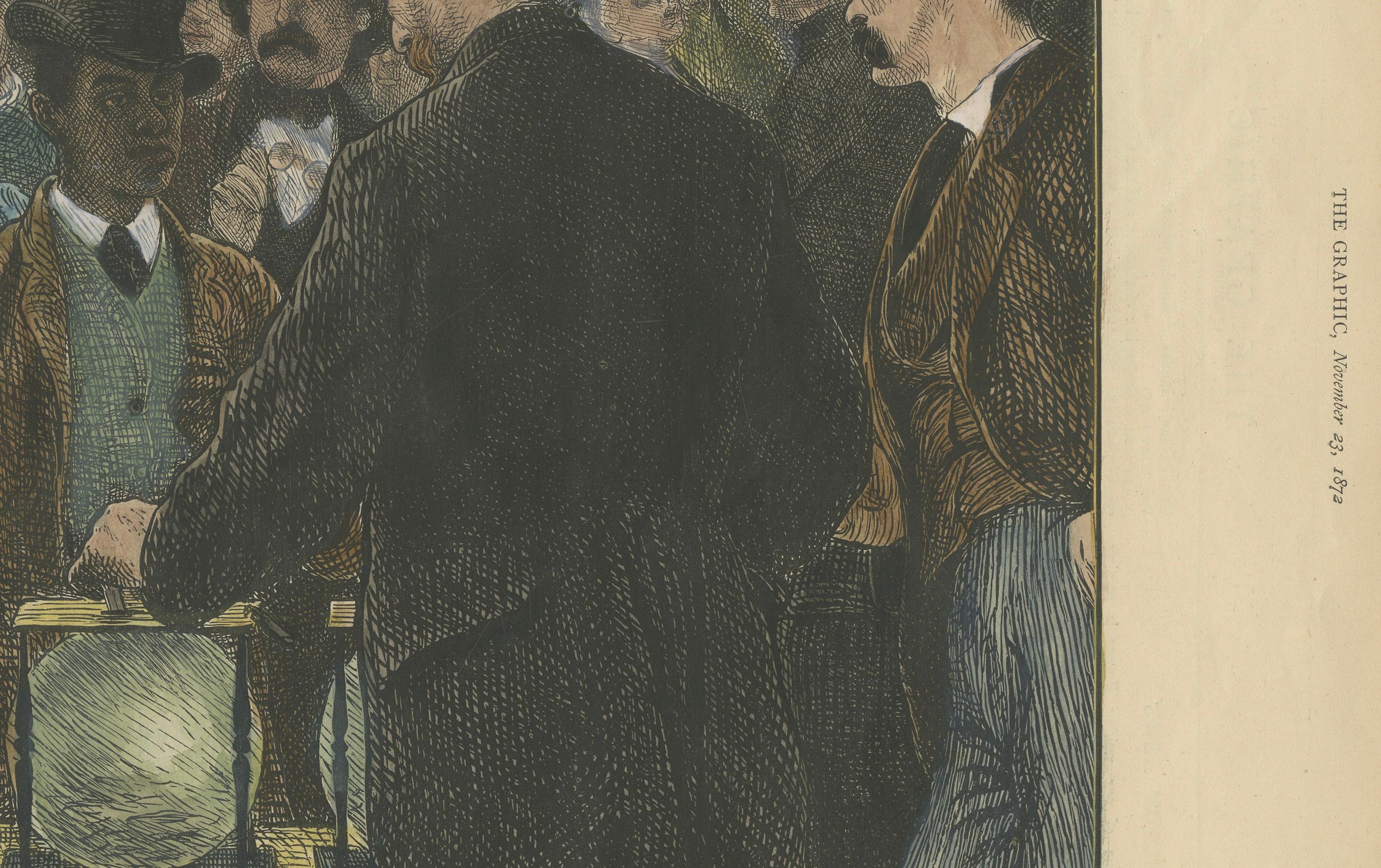 Title: Voting by Ballot in the United States - Published in The Graphic, November 6, 1879.

Description: This hand-colored engraving, published in *The Graphic* on November 6, 1879, offers a glimpse into the voting process in the United States