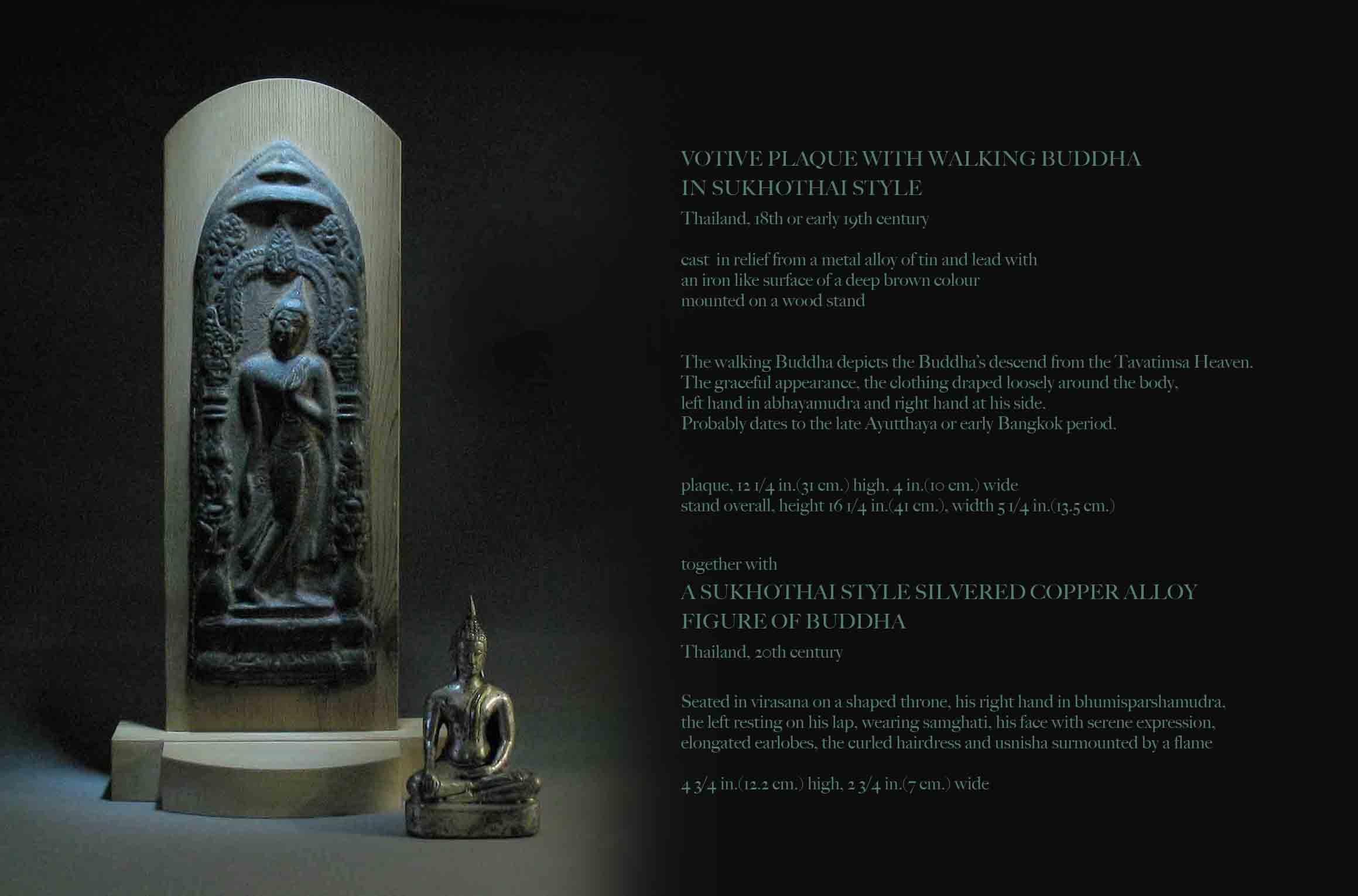 Votive Plaque with Walking Buddha in Sukhothai Style, Thailand, 18th or 19th century, cast in relief from a metal alloy of tin and lead with an iron like surface of a deep brown color mounted on a wood stand. 
The walking Buddha depicts the