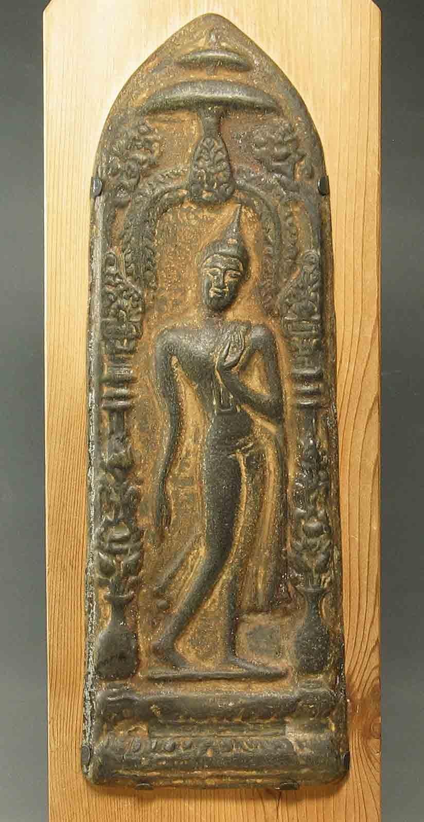 Chinese Export Votive Plaque with Walking Buddha in Sukhothai Style and Silvered Seated Buddha For Sale