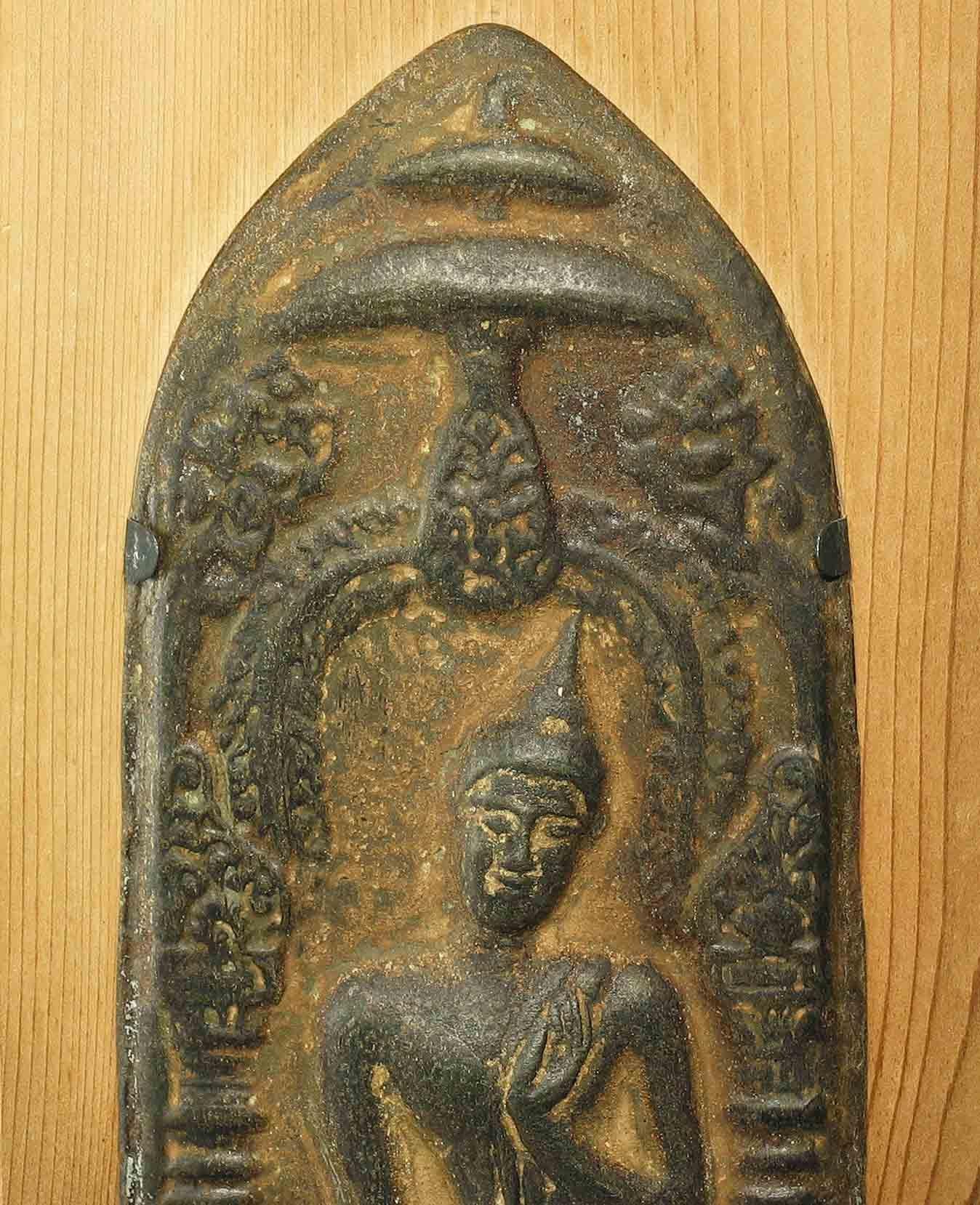 Thai Votive Plaque with Walking Buddha in Sukhothai Style and Silvered Seated Buddha For Sale