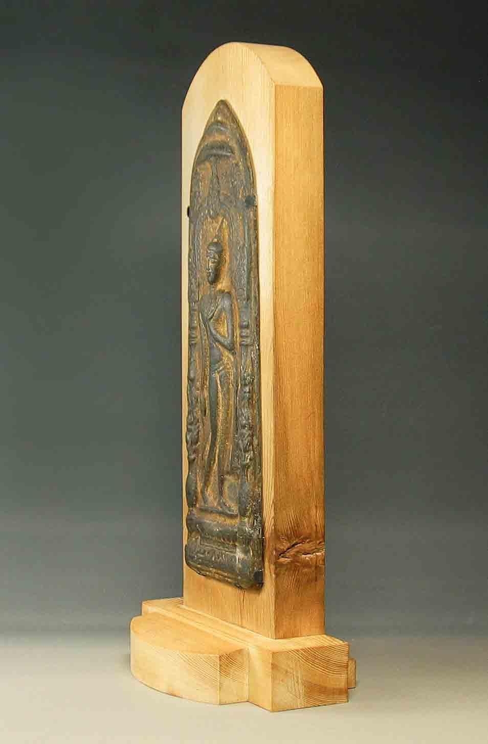 Metal Votive Plaque with Walking Buddha in Sukhothai Style and Silvered Seated Buddha For Sale