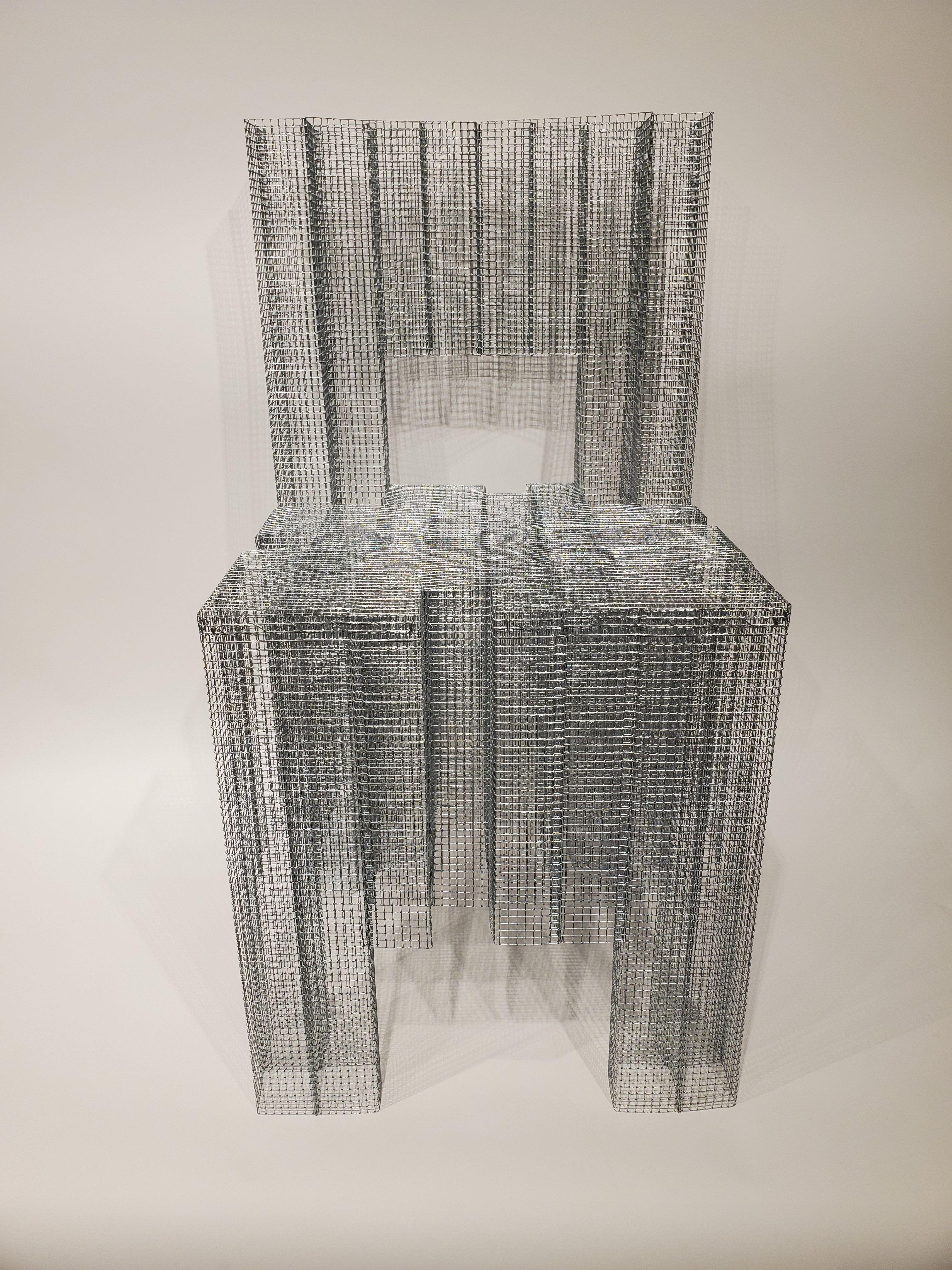Voukenas Petrides
Blur chair
Zinc-coated wire mesh,
2019

Voukenas Petrides is a design studio based in New York and Athens. Furniture designer Andreas Voukenas and architect Steven Petrides combine their talents to produce poetic furniture