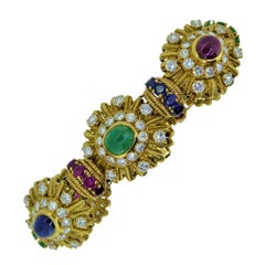 Vintage Vourakis Multi Gem and Diamond 18 Carat Yellow Gold Bangle Bracelet