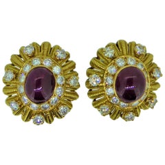 Vintage Vourakis 18 Carat Yellow Gold Ruby and Diamond Earrings