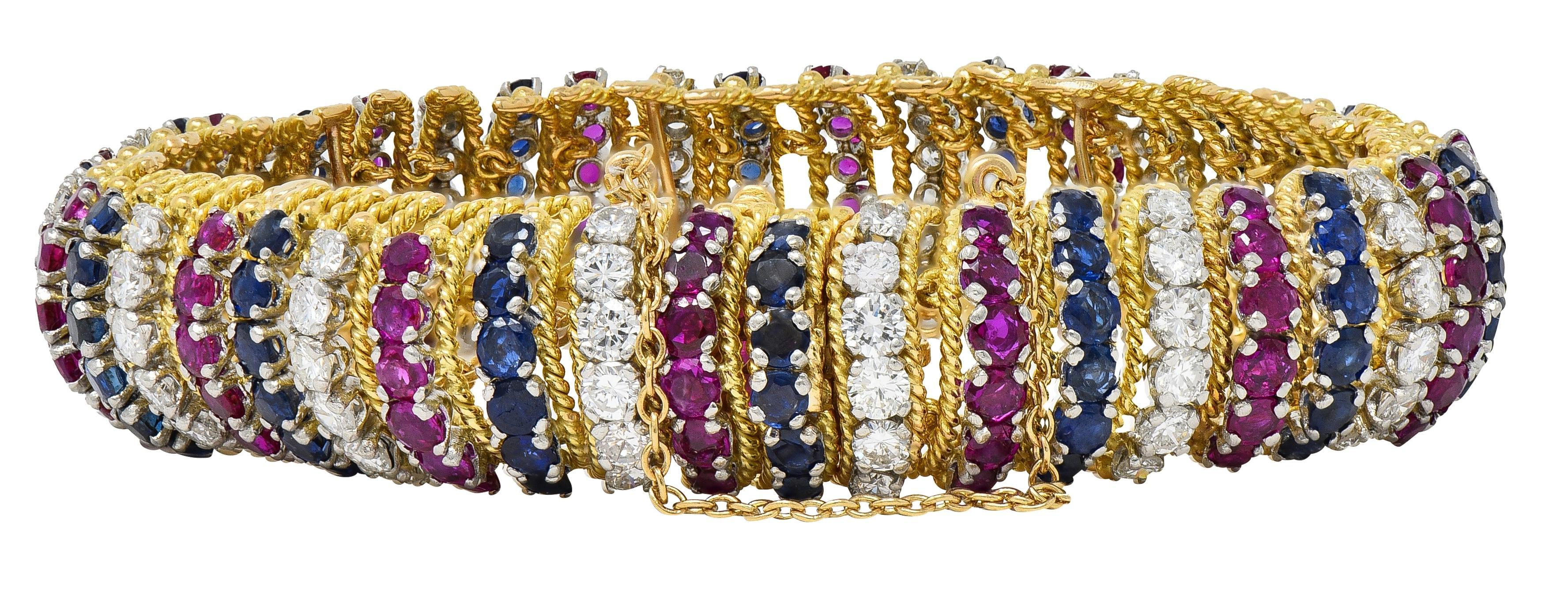 Moderne Vourakis 1990 14.08 CTW Sapphire Diamond Ruby Platinum 18K Gold Vintage Bracelet en vente