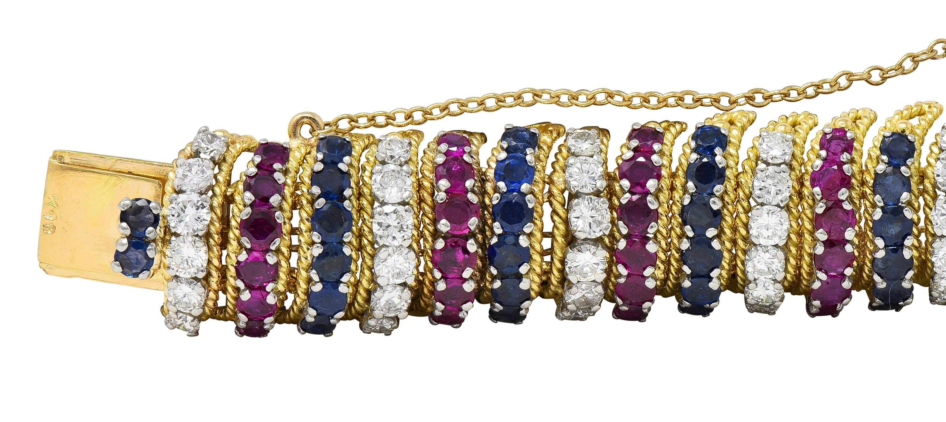 Taille ronde Vourakis 1990 14.08 CTW Sapphire Diamond Ruby Platinum 18K Gold Vintage Bracelet en vente