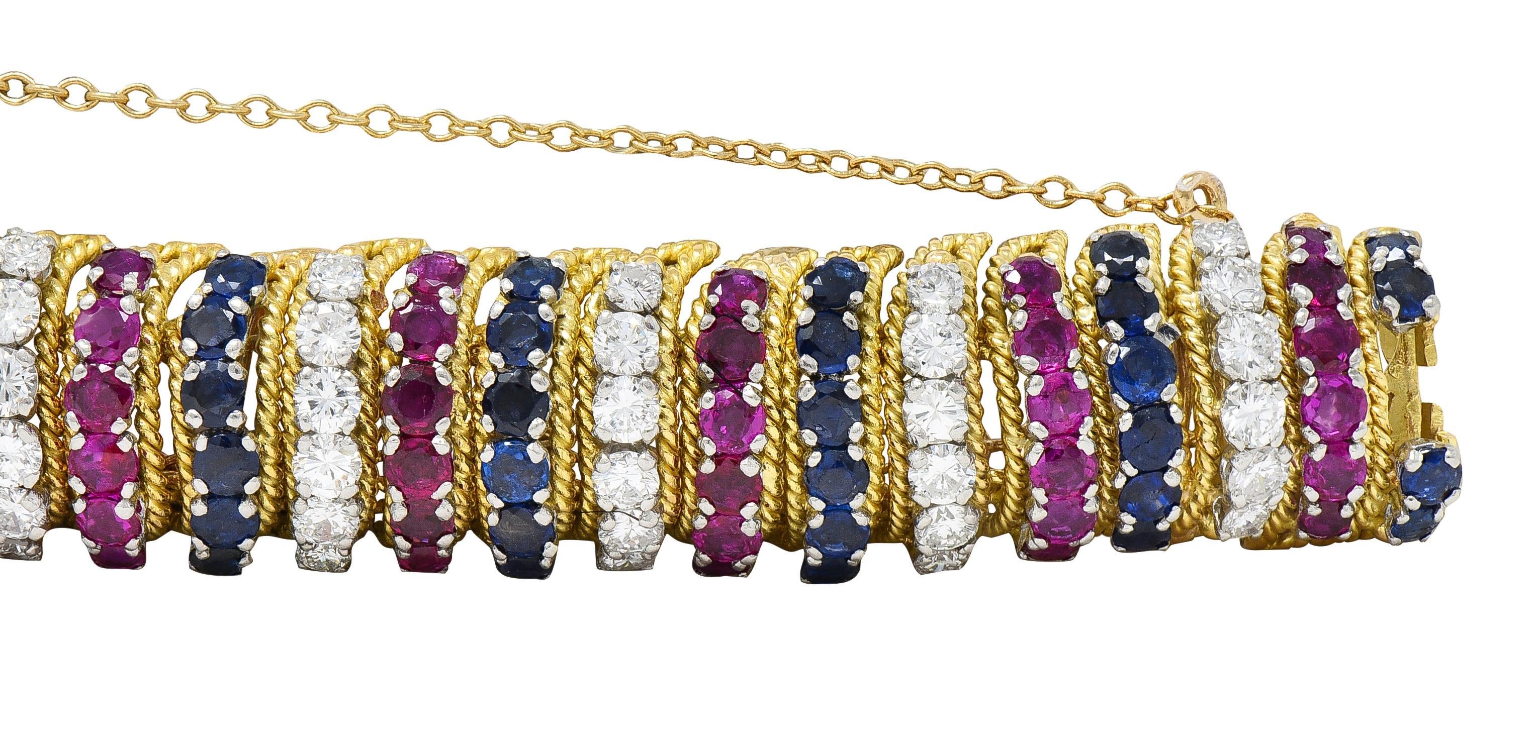Vourakis 1990 14.08 CTW Sapphire Diamond Ruby Platinum 18K Gold Vintage Bracelet Excellent état - En vente à Philadelphia, PA