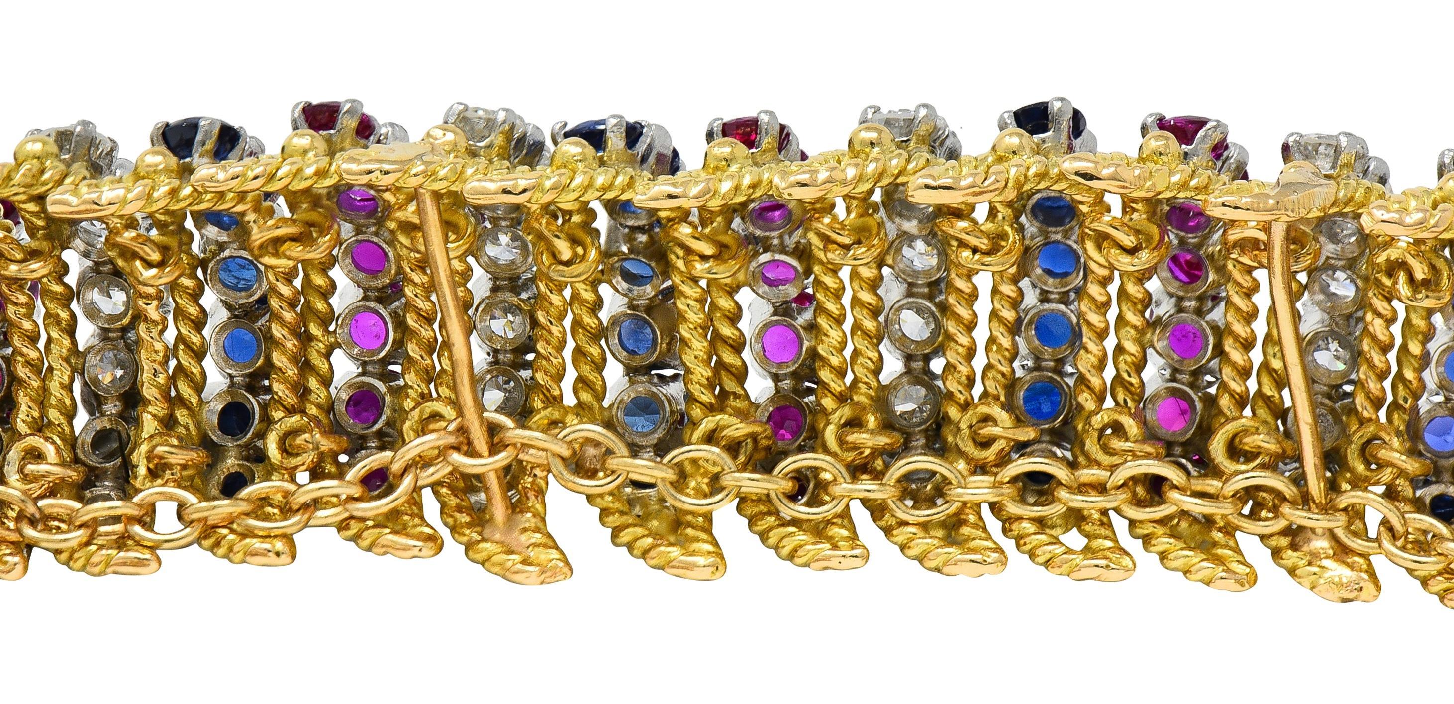 Vourakis 1990 14.08 CTW Sapphire Diamond Ruby Platinum 18K Gold Vintage Bracelet Pour femmes en vente