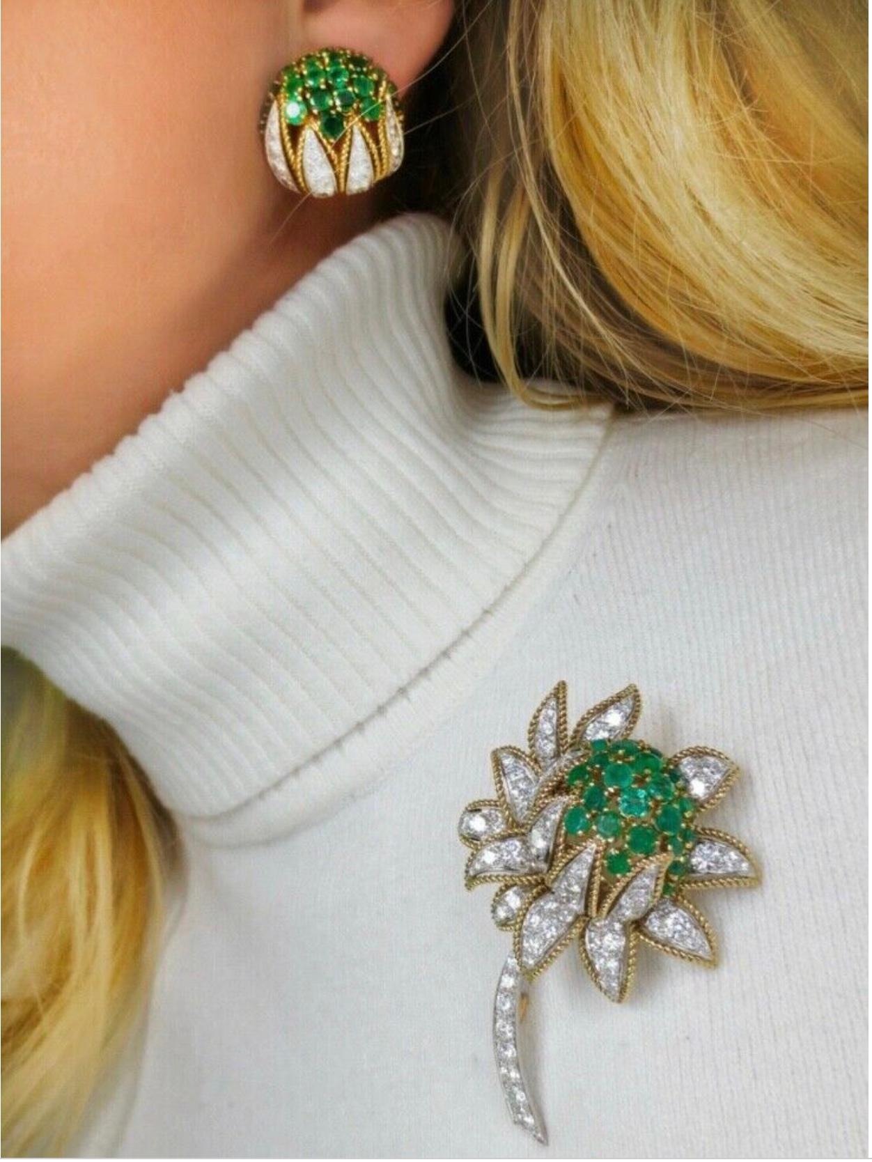 Vourakis Diamond & Emerald Earrings & Brooch Set in 18k Gold For Sale 5
