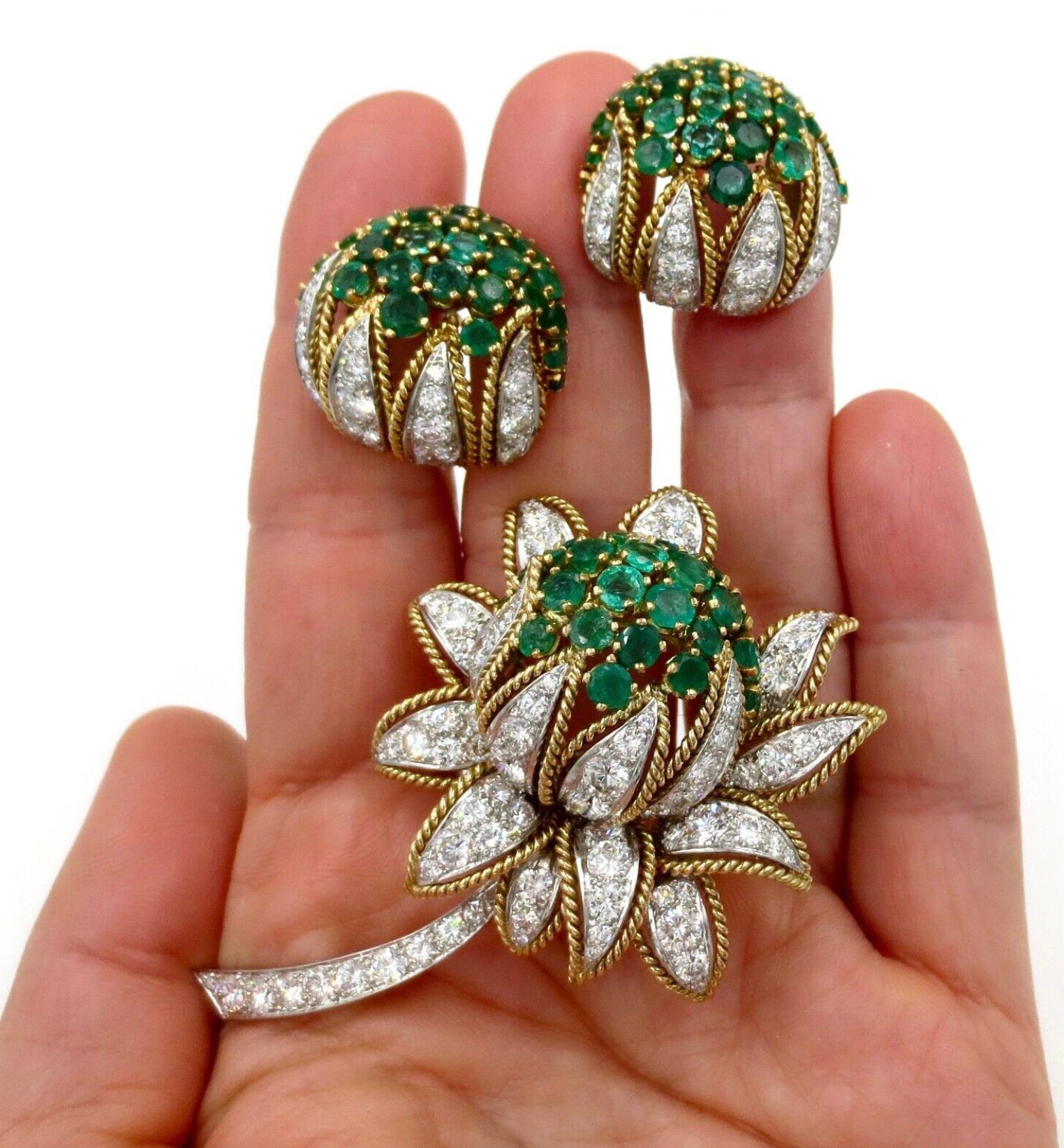 Vourakis Diamond & Emerald Earrings & Brooch Set in 18k Gold For Sale 6