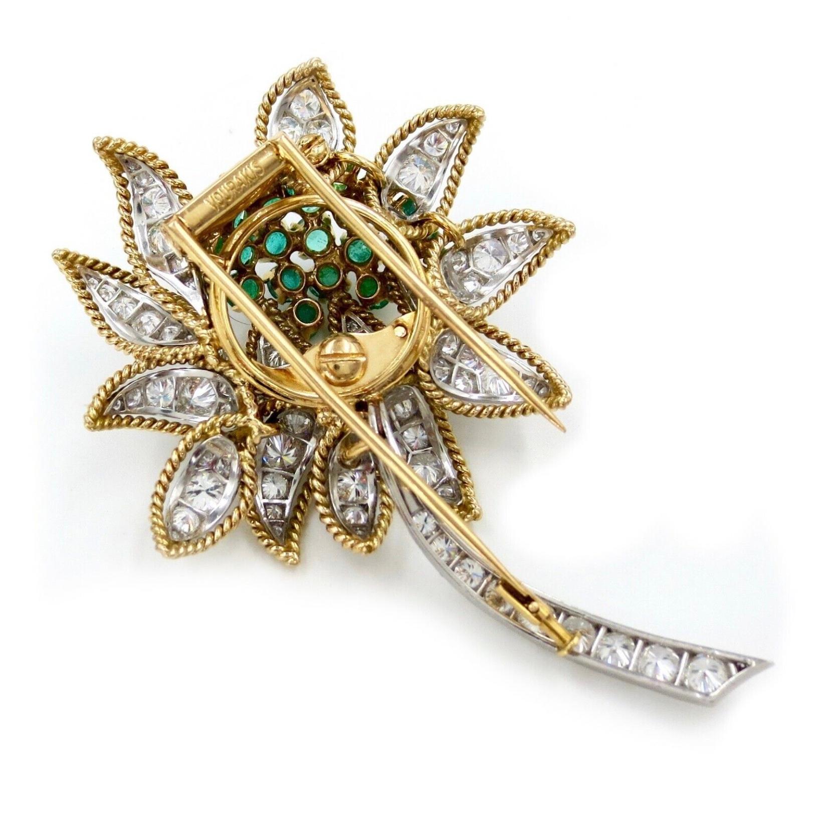 Round Cut Vourakis Diamond & Emerald Earrings & Brooch Set in 18k Gold For Sale