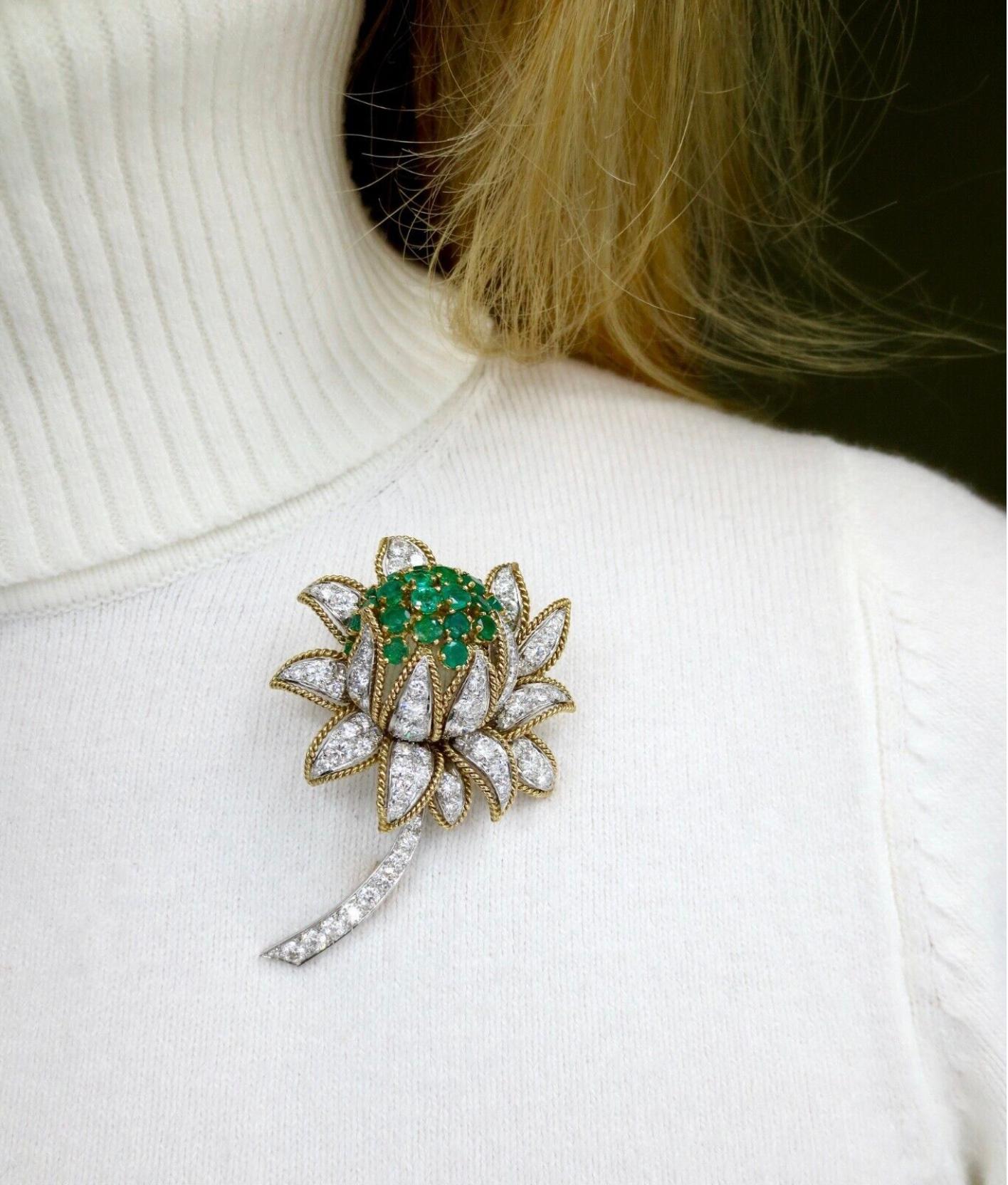 Vourakis Diamond & Emerald Earrings & Brooch Set in 18k Gold For Sale 4