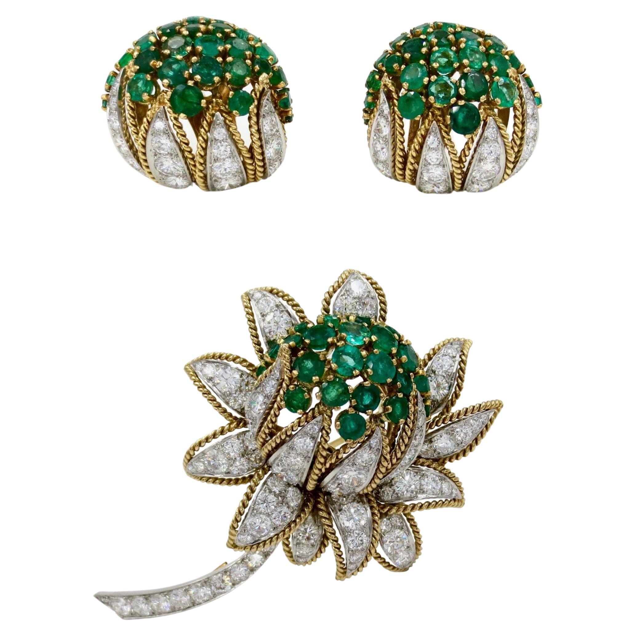 Vourakis Diamond & Emerald Earrings & Brooch Set in 18k Gold For Sale