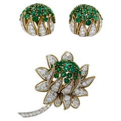 Retro Vourakis Diamond & Emerald Earrings & Brooch Set in 18k Gold