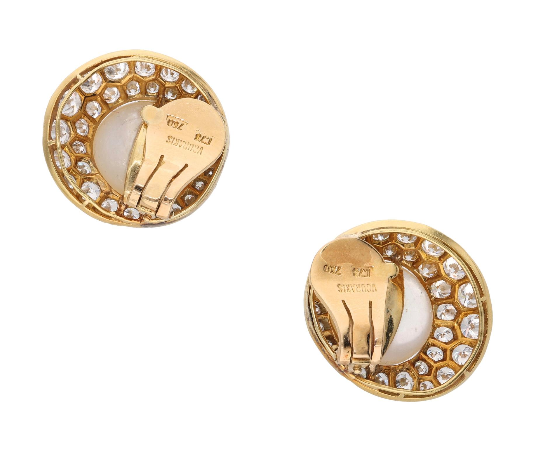 Round Cut Vourakis Gold, Cultured Pearl, and Diamond Ear Clips