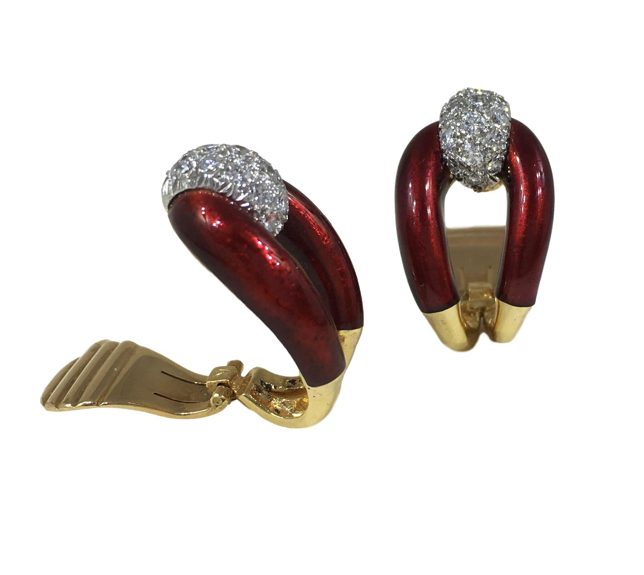 Round Cut Vourakis Gold Red Enamel Diamond Earrings