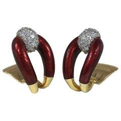 Vintage Vourakis Gold Red Enamel Diamond Earrings