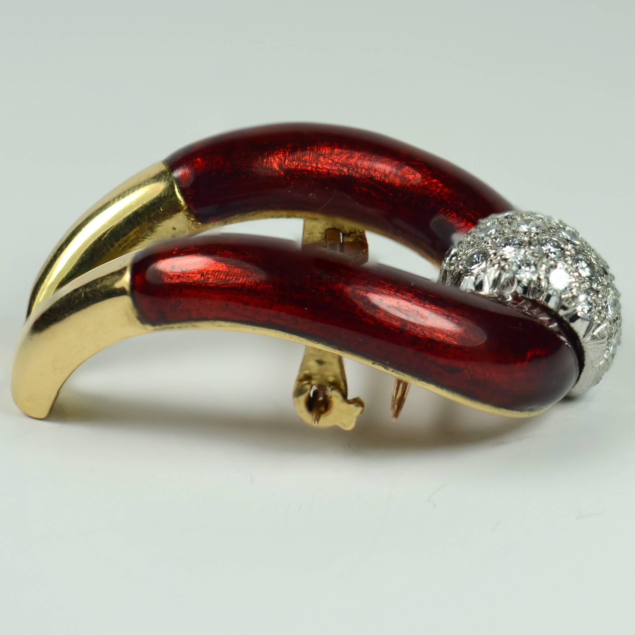 Round Cut Vourakis Red Enamel Diamond Gold Buckle Brooch For Sale