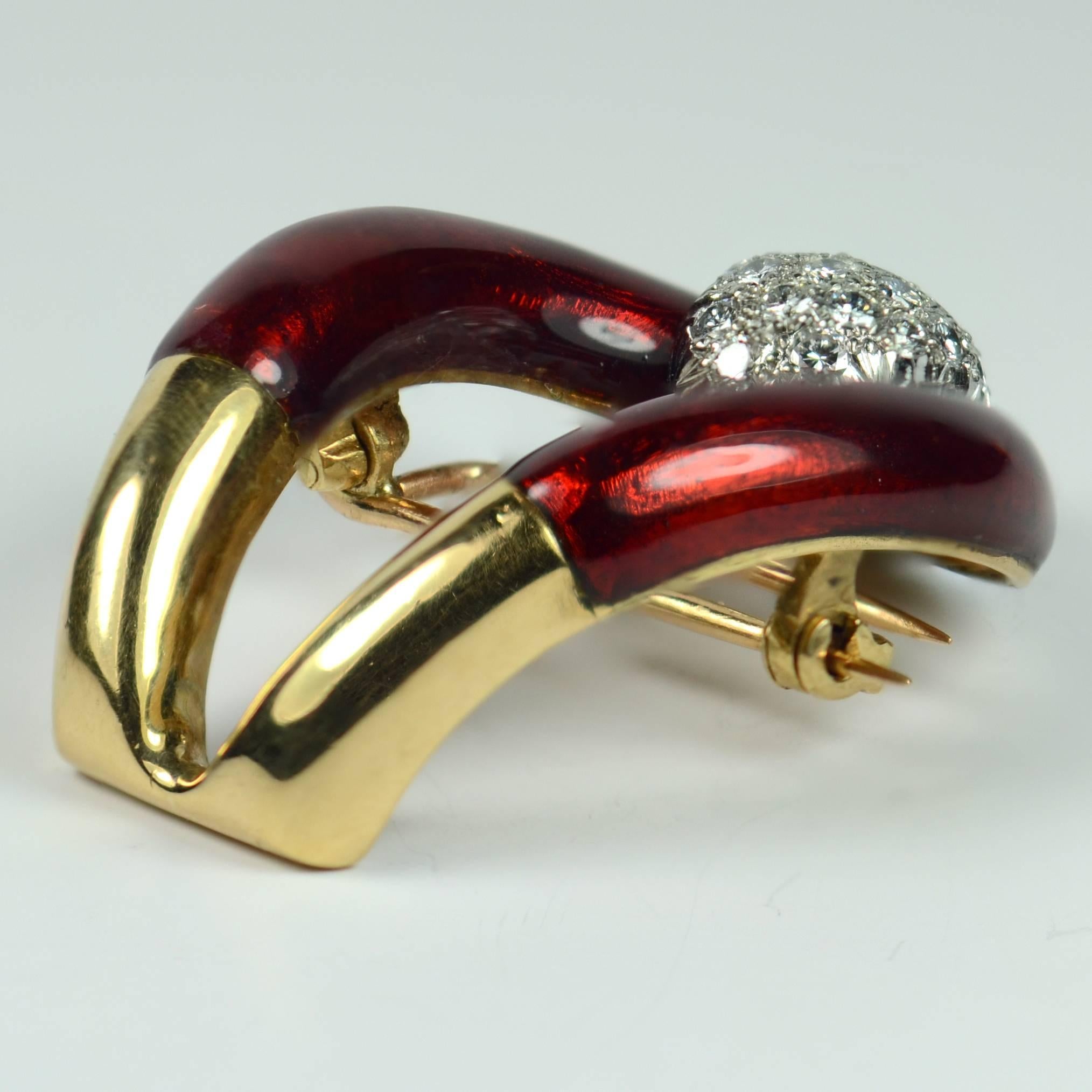 Women's or Men's Vourakis Red Enamel Diamond Gold Buckle Brooch For Sale