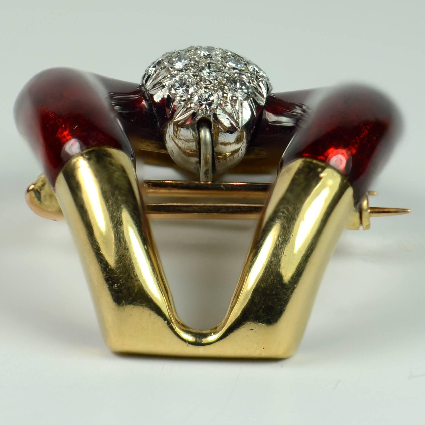 Vourakis Red Enamel Diamond Gold Buckle Brooch For Sale 1