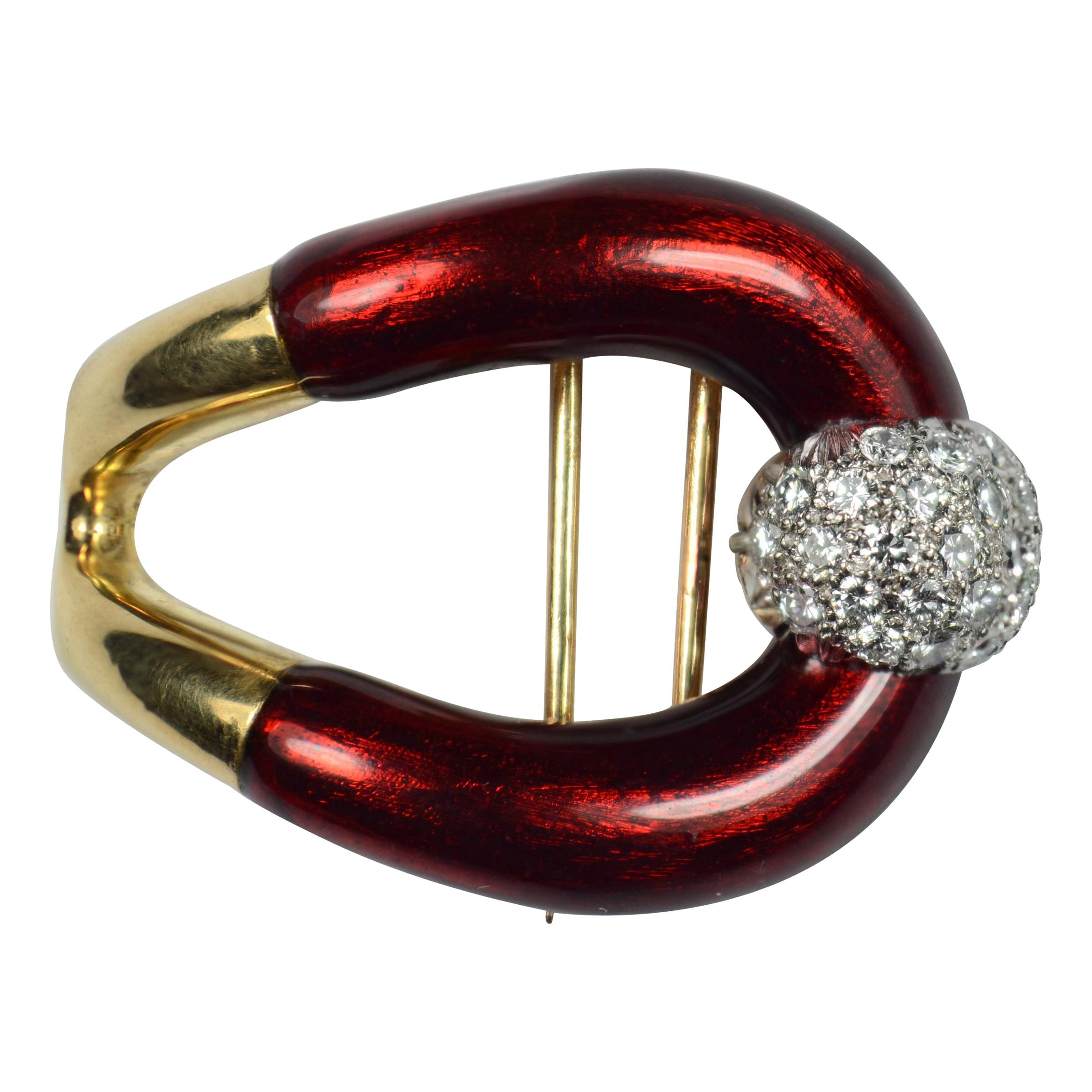 Vourakis Red Enamel Diamond Gold Buckle Brooch For Sale