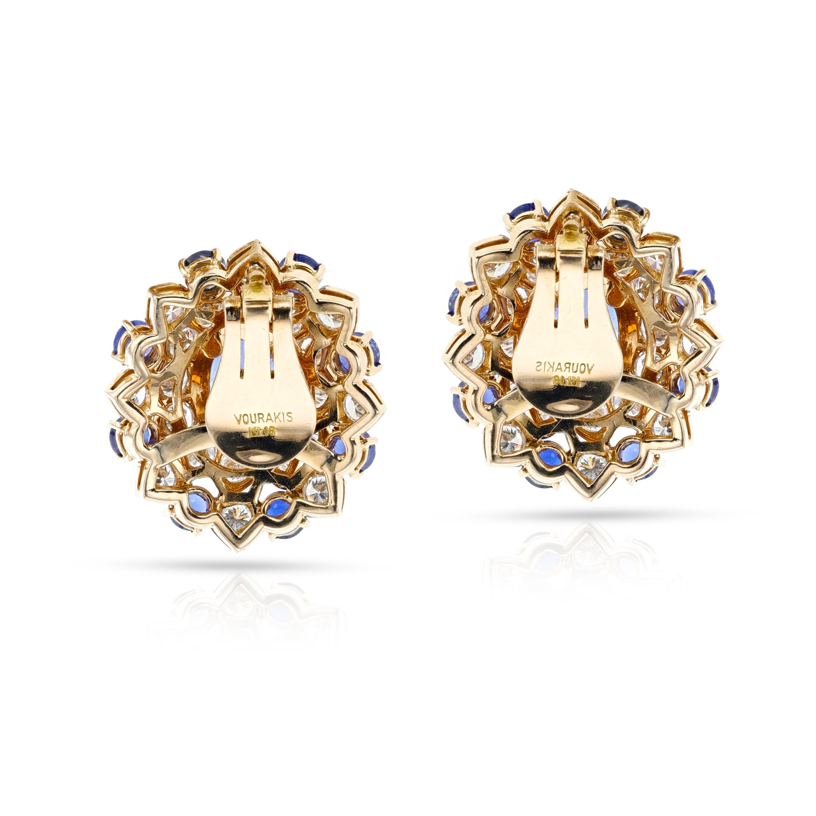 An exceptional Vourakis Sapphire and Diamond Earrings, Brooch, and Ring Suite made in 18k Gold. The prominent sapphires weighing approximately 3.03, 2.81, 2.87 and 5.02 carats, the diamonds totaling 20-25 carats. The smaller sapphires totaling 4.5-