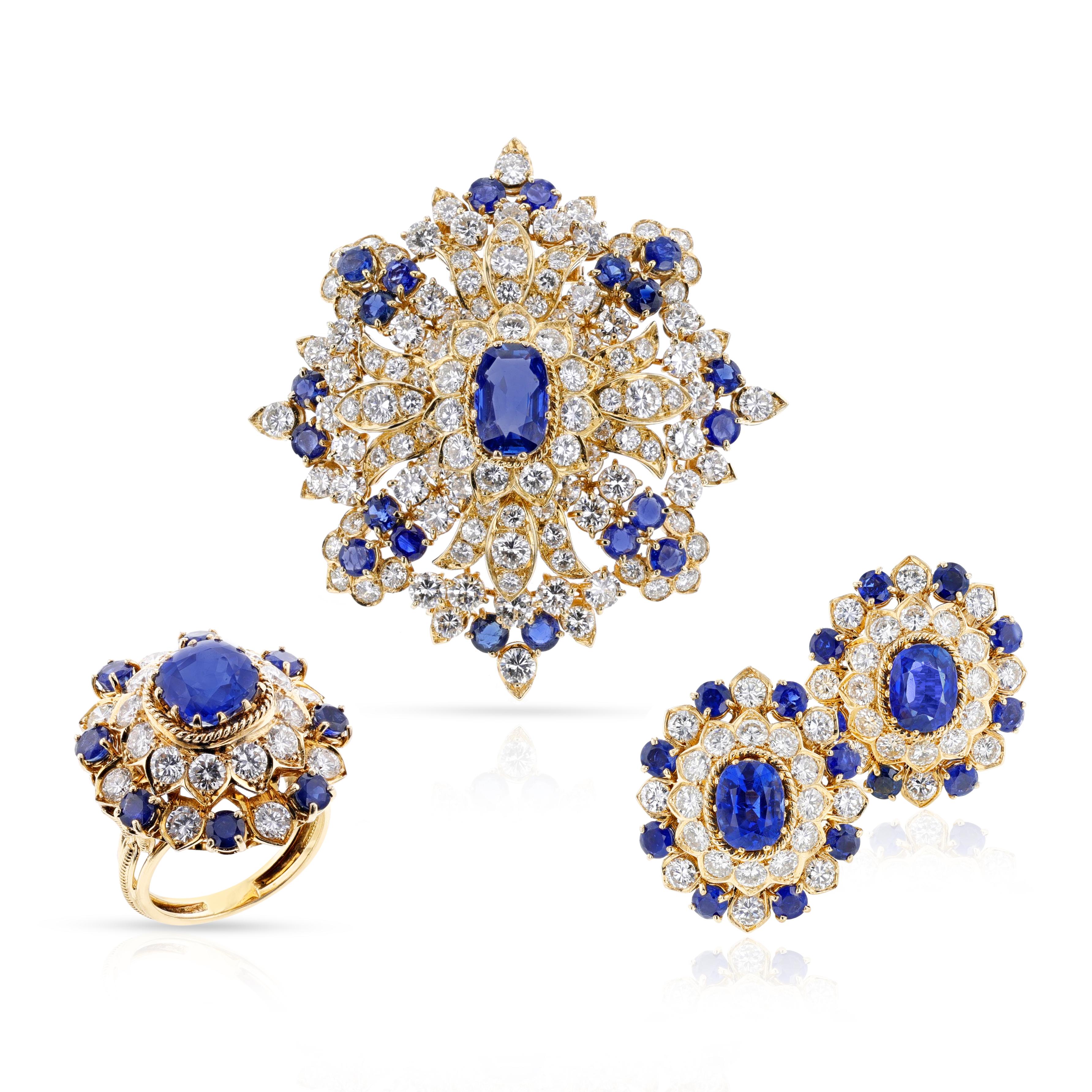 Vourakis Sapphire and Diamond Earrings, Brooch, and Ring Suite 18k In Excellent Condition For Sale In New York, NY