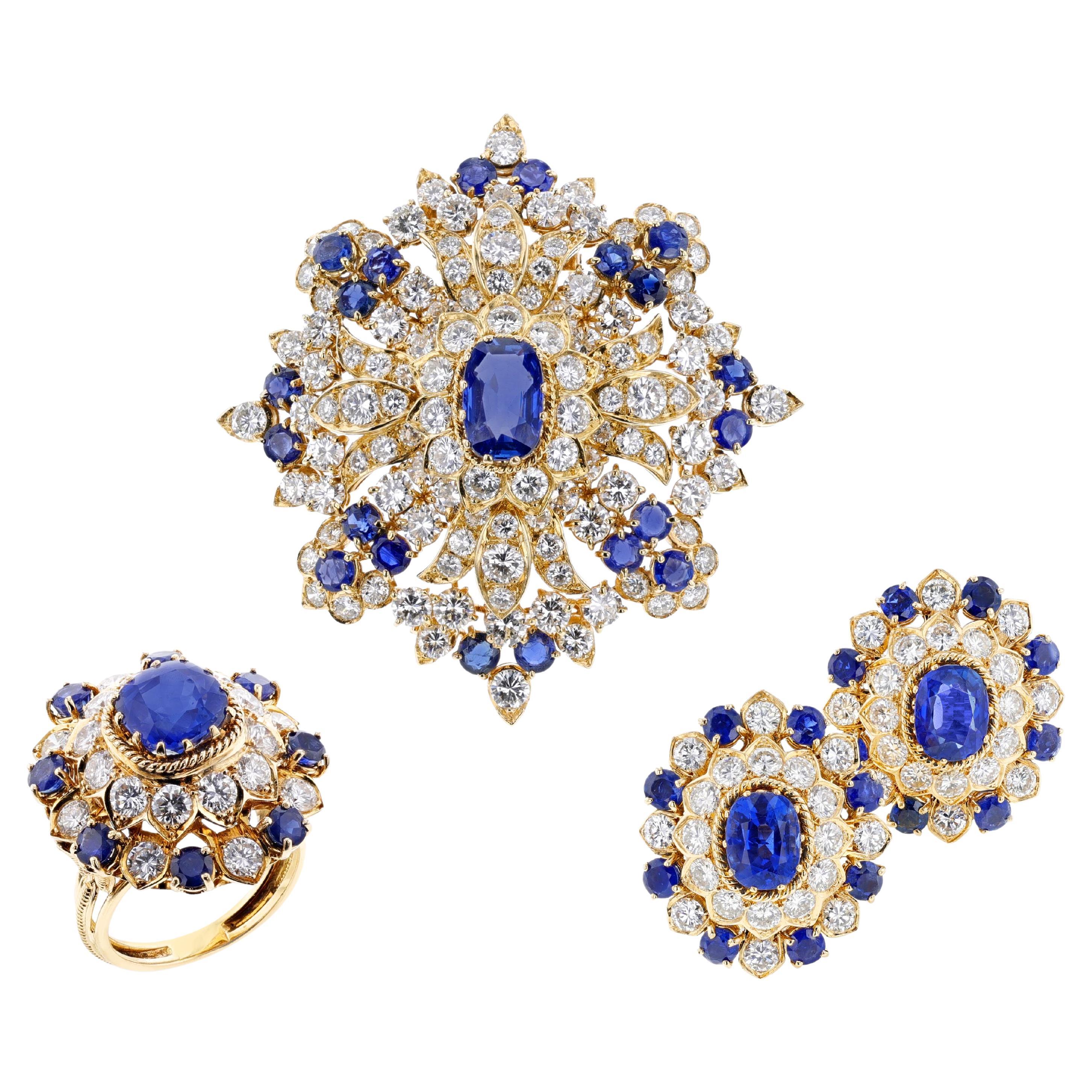 Vourakis Sapphire and Diamond Earrings, Brooch, and Ring Suite 18k For Sale