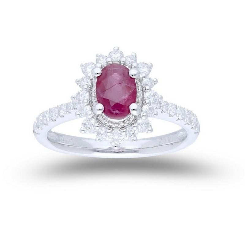 Diamond and Ruby Total Carat Weight: This exquisite Vow Collection ring features a total carat weight of 0.57 carats for the 30 dazzling diamonds and an impressive 1 carat for the single, vibrant ruby. The combination creates a stunning contrast and