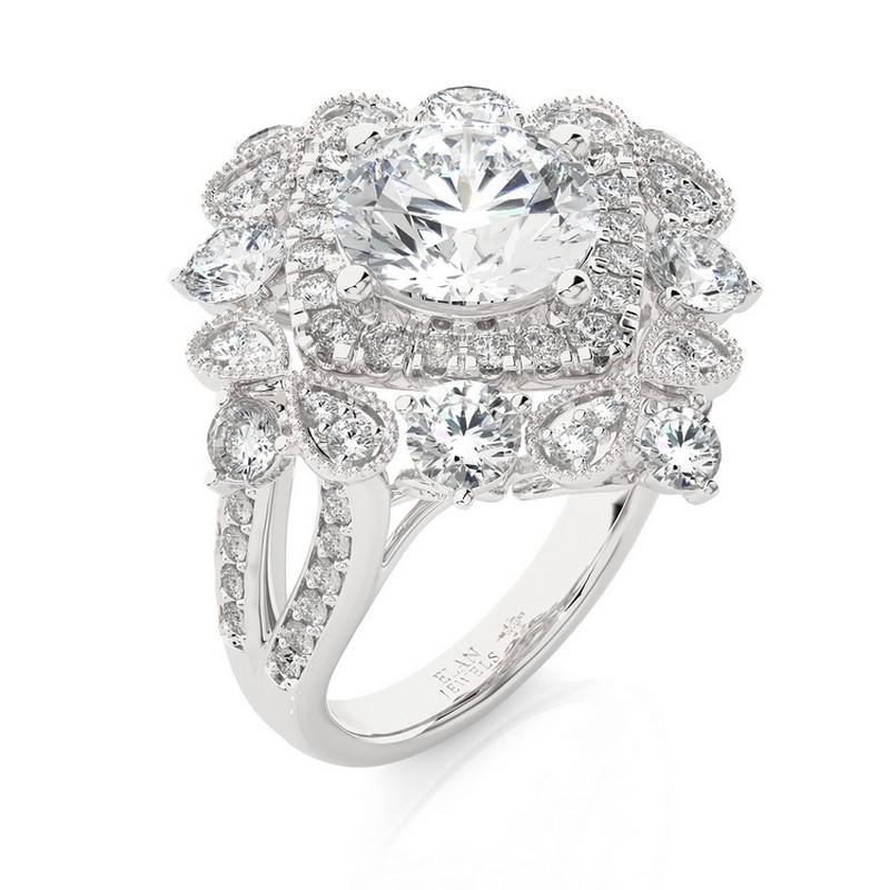 Diamond Total Carat Weight: This exquisite Vow Collection semi-mounting ring showcases a total carat weight of 2 carats, adorned with a magnificent ensemble of 72 round diamonds. The arrangement of diamonds creates a captivating and luxurious